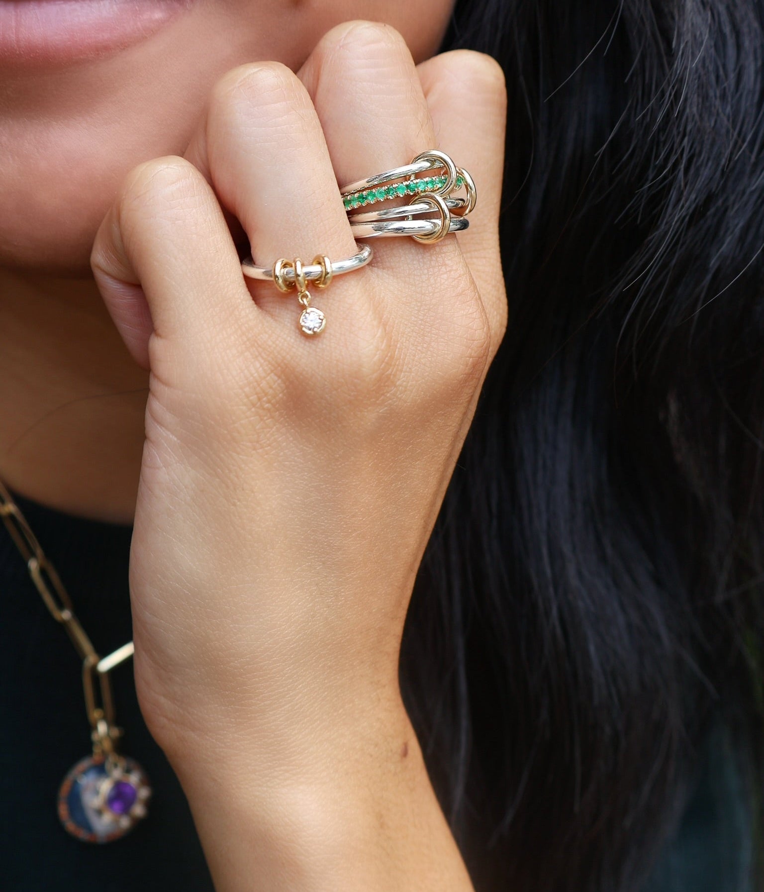 sterling silver and 18k yellow gold nimbus SG emerald 4 linked band ring by Spinelli Kilcollin Tiny Gods 
