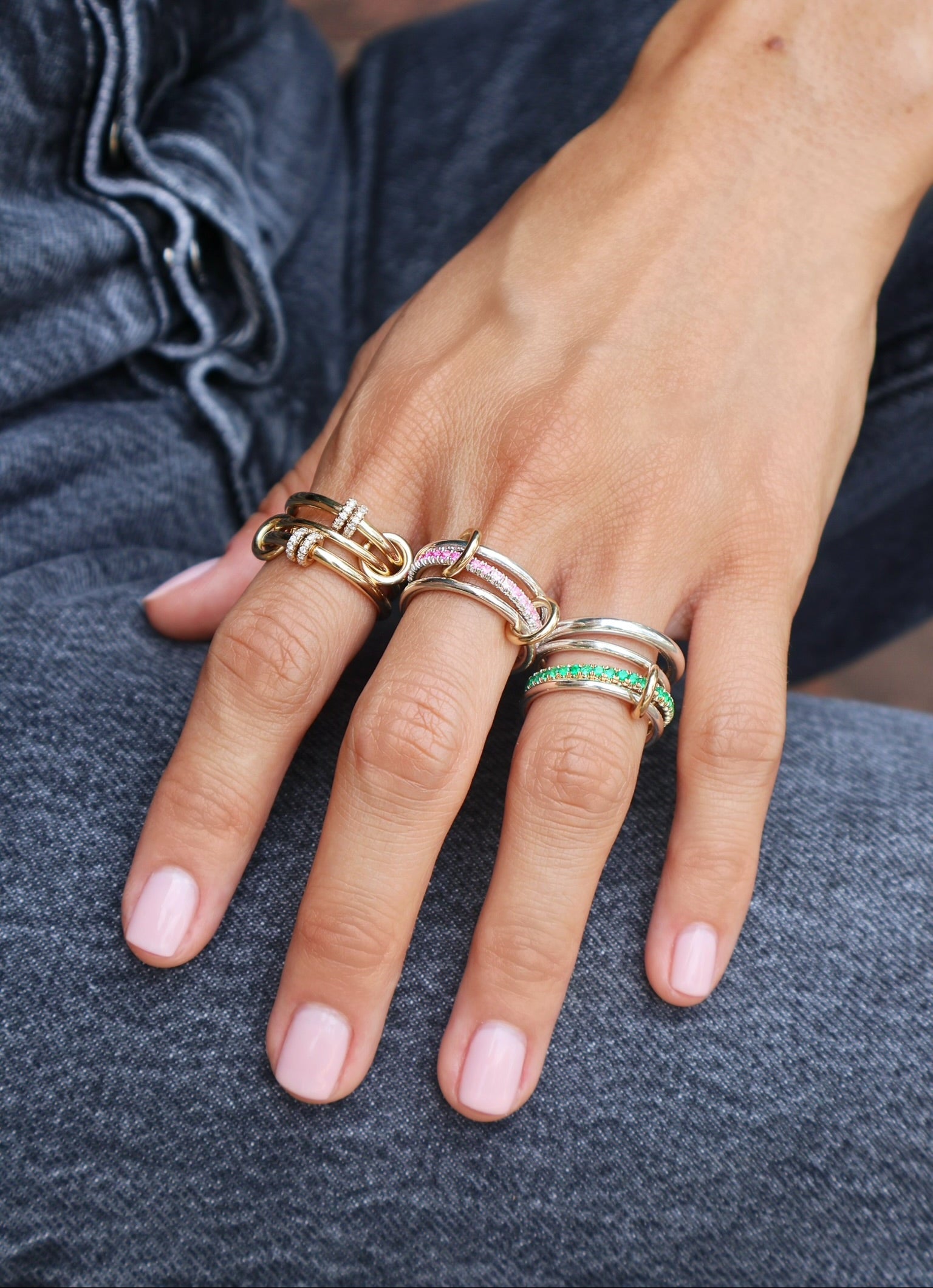 sterling silver and 18k yellow gold nimbus SG emerald 4 linked band ring by Spinelli Kilcollin Tiny Gods 