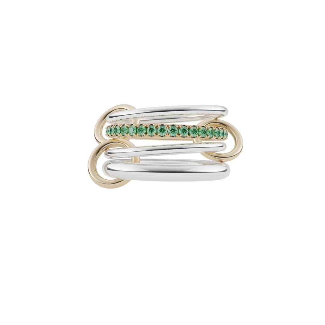 sterling silver and 18k yellow gold nimbus SG emerald 4 linked band ring by Spinelli Kilcollin Tiny Gods 