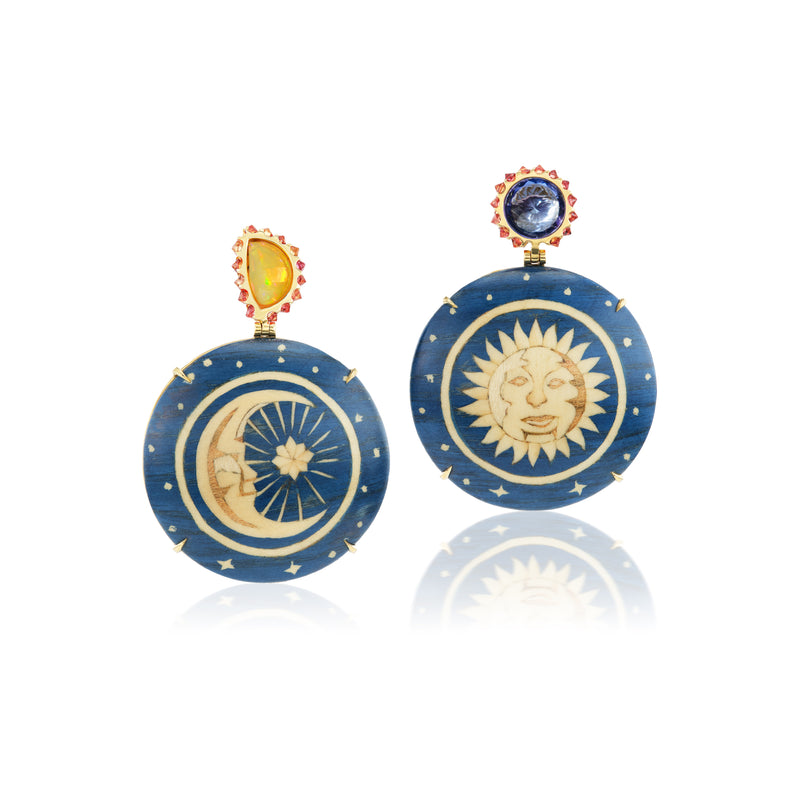 18k yellow gold sun & moon marquetry earrings with opal and tanzanite by Silvia Furmanovich Tiny Gods