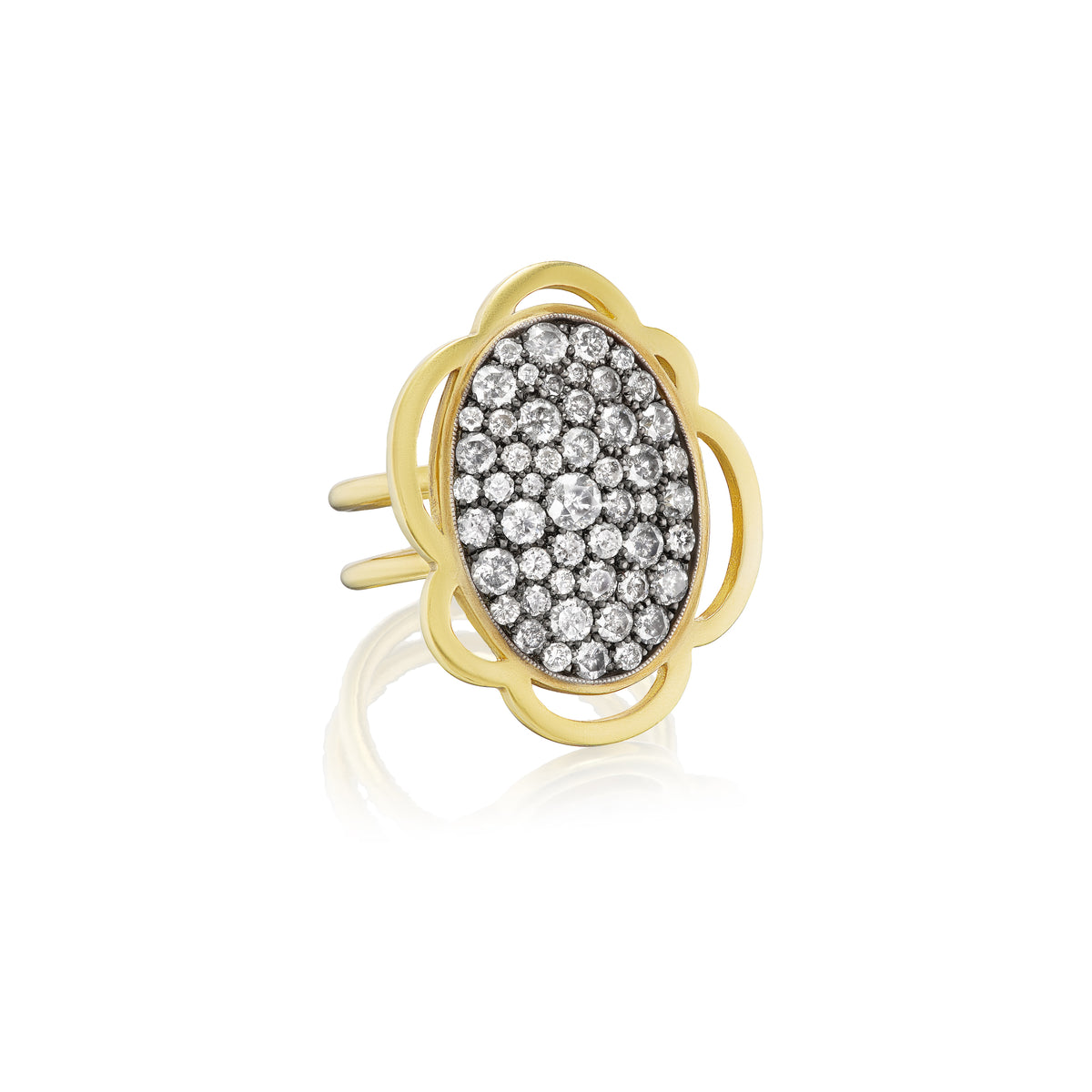 An 18k yellow gold ring with an oval pavé diamond center and a scalloped gold setting Flora Ten Tables Ring by Sylva & Cie