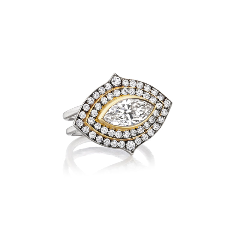 18k white and yellow gold Marquise Diamond Ring with double halo and black rhodium plate by Sylva Cie one of a kind