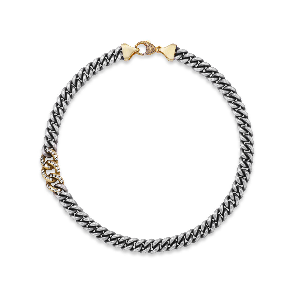 18k yellow gold and oxidized sterling silver heavy curb link chain necklace with diamonds that can double wrap as a bracelet  or a choker by Sylva & Cie Tiny Gods