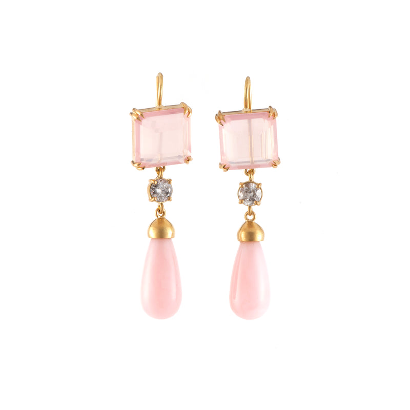 Pink Opal  Rose Quartz and Grey Diamond Drop Earrings by Sylva & Cie Tiny Gods