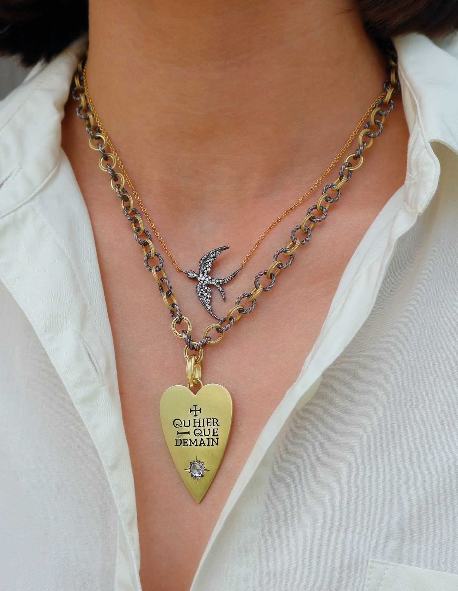 18k yellow gold Sylva & Cie Que'heir Que Demain, more than yesterday, less than tomorrow, heart pendant Tiny Gods 