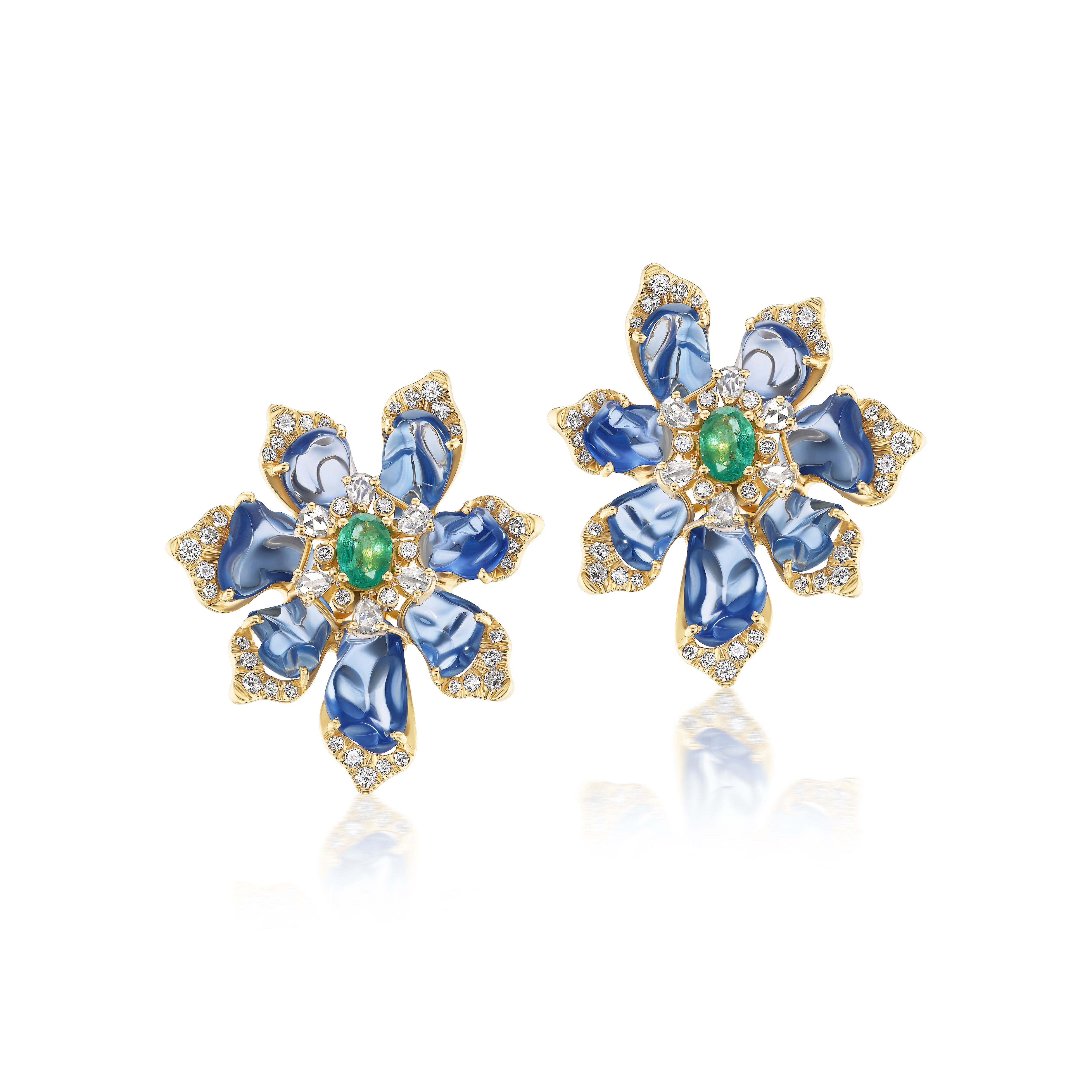 18k yellow glold diamond blossom lotus flower blue sapphire petal emerald statement earrings event by Tallin Tiny Gods 