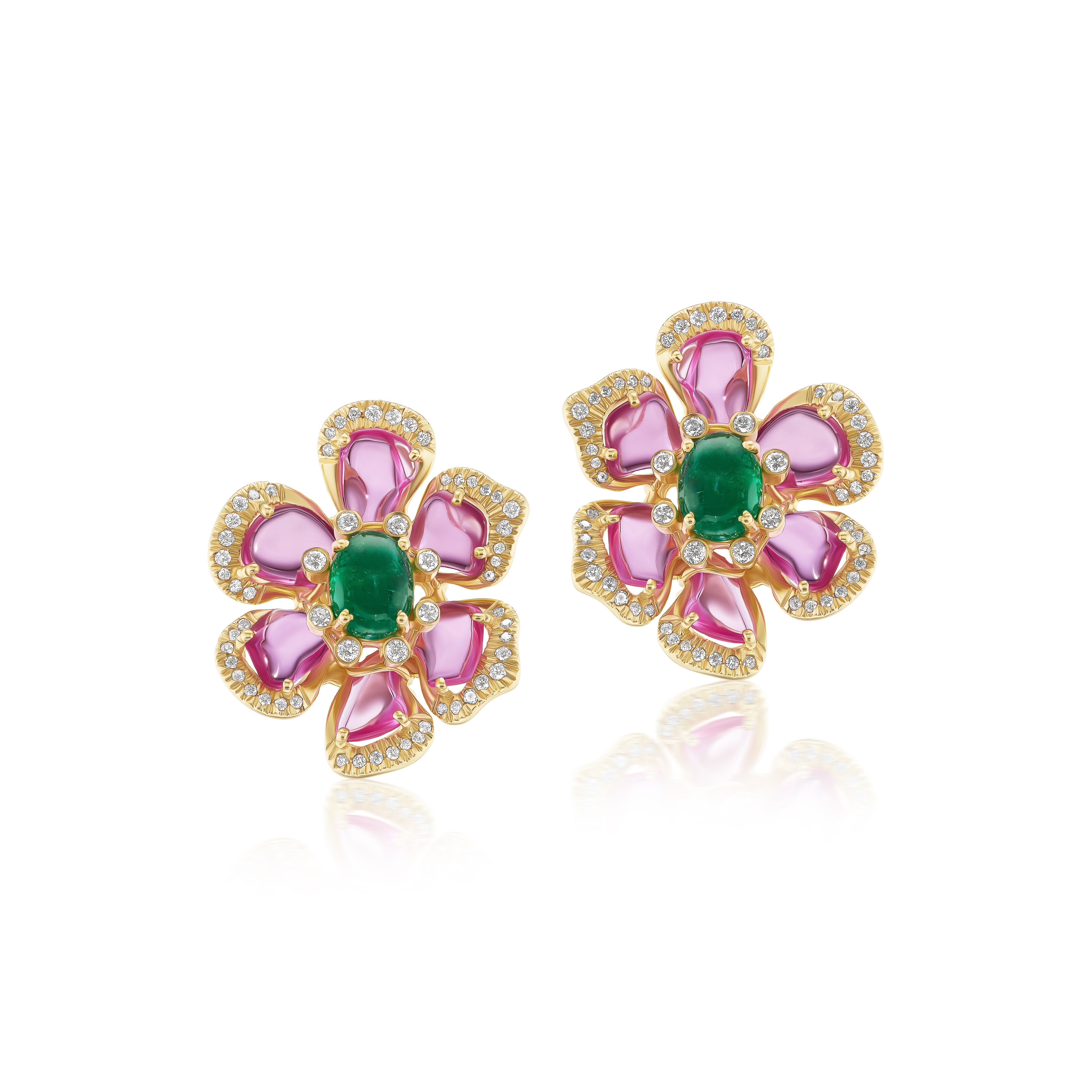 18k yellow gold freeform pink sapphire petal flower lotus earrings with diamonds and emeralds by Tallin Tiny Gods 