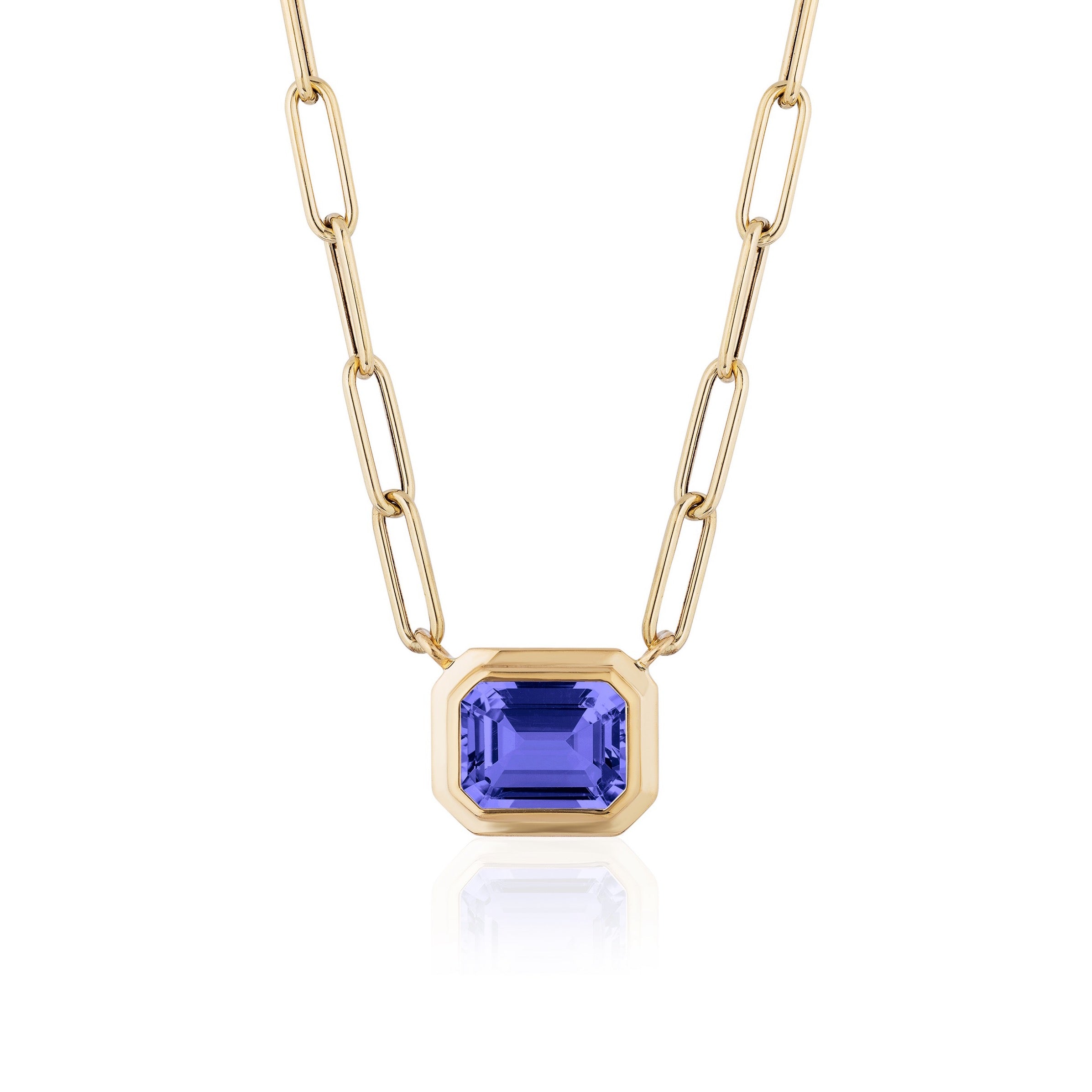18k yellow gold tanzanite emerald cut bezel pendant paperclip necklace by Goshwara Tiny Gods