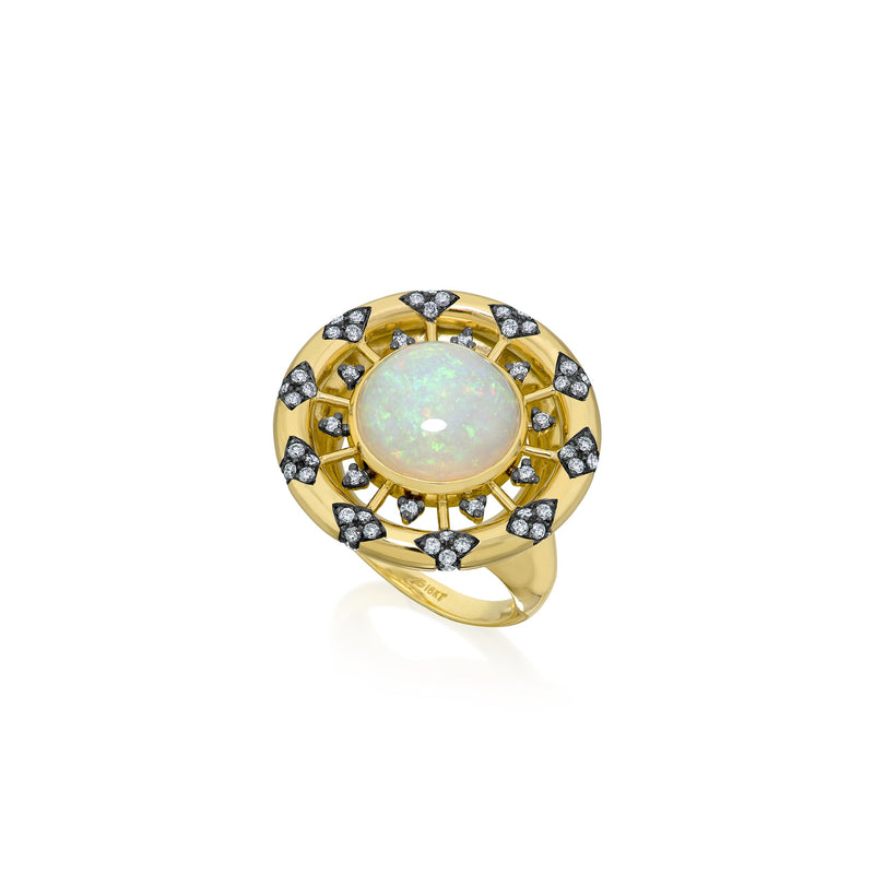 18k yellow gold opal tarot wheel ring with diamonds by Sauer Tiny Gods