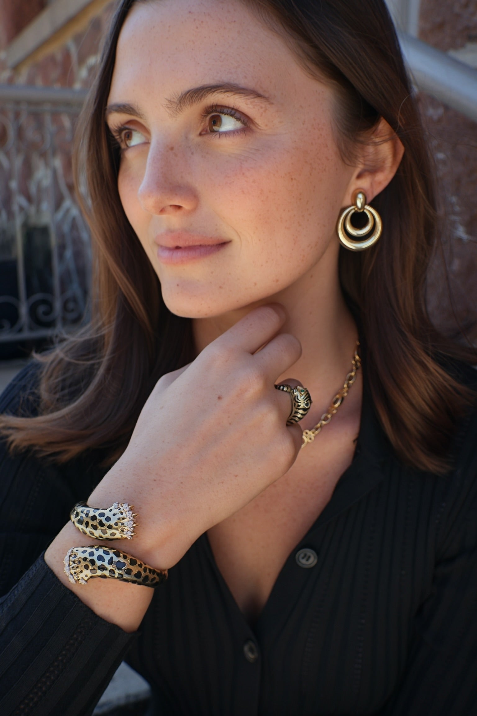 18k yellow gold textured black enamel tiger wrap ring with emerald eyes by David Webb Tiny Gods 