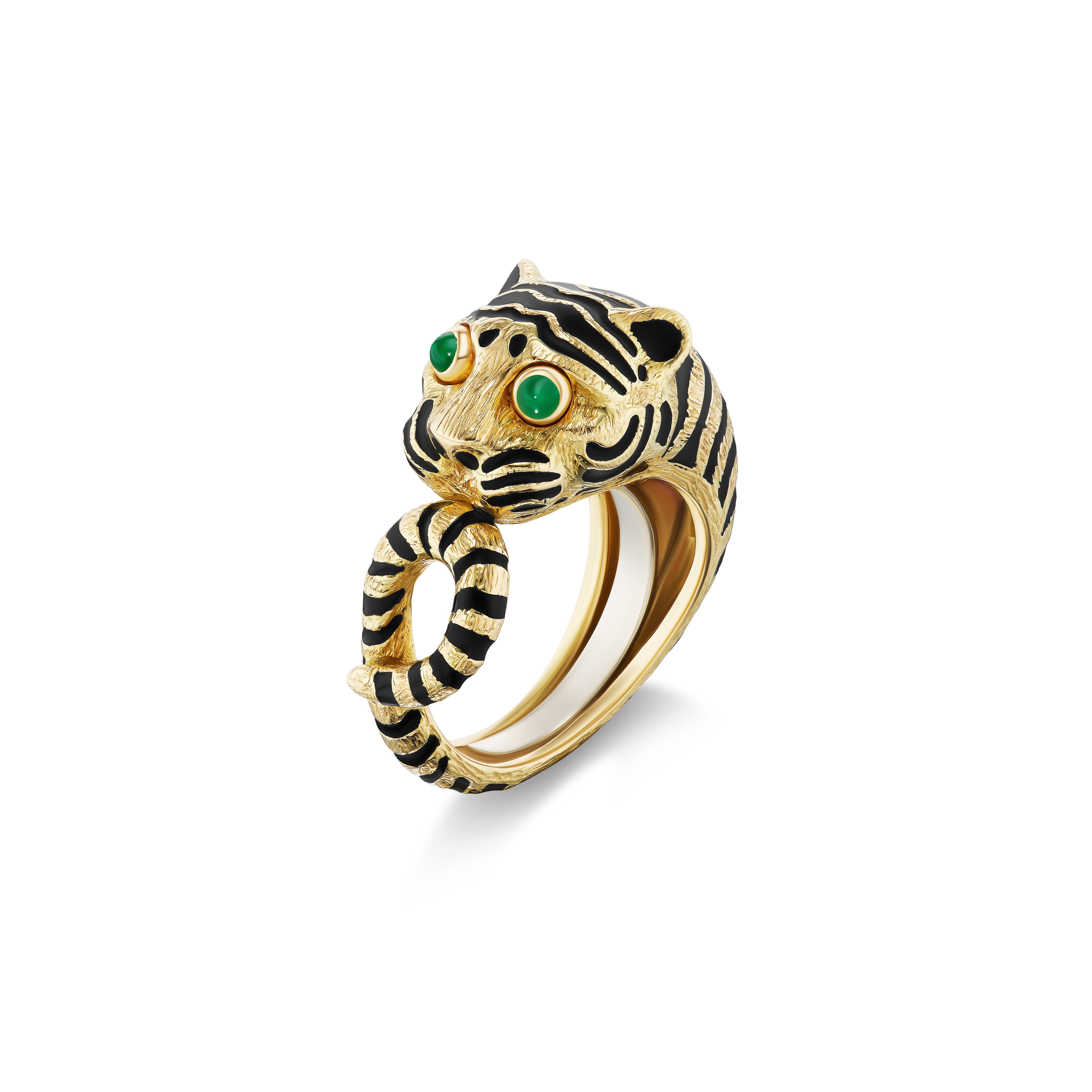 18k yellow gold textured black enamel tiger wrap ring with emerald eyes by David Webb Tiny Gods 