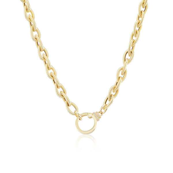 18k yellow gold textured teardrop chain link necklace with diamond enhancer bale clasp that opens by Sorellina Tiny Gods 