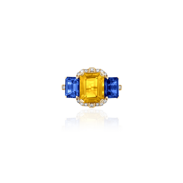 18k yellow gold three stone ring with citrine and iolite emerald cut ring by Goshwara Tiny Gods