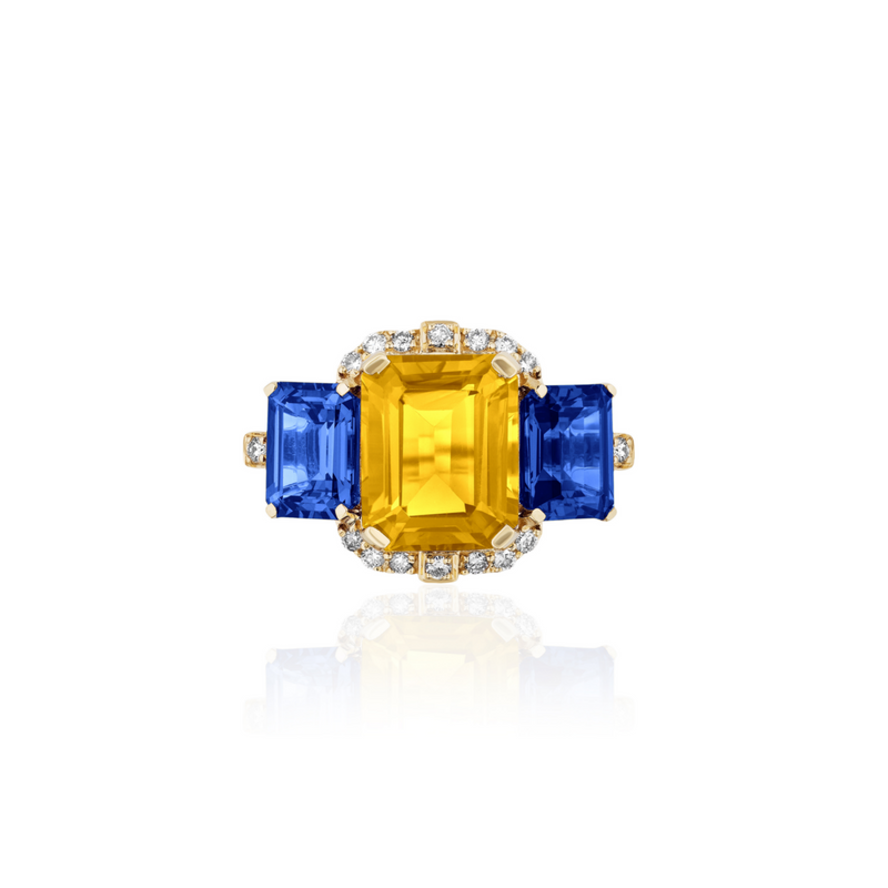 18k yellow gold 3 stone ring with iolite, citrine and diamonds by Goshwara Tiny Gods