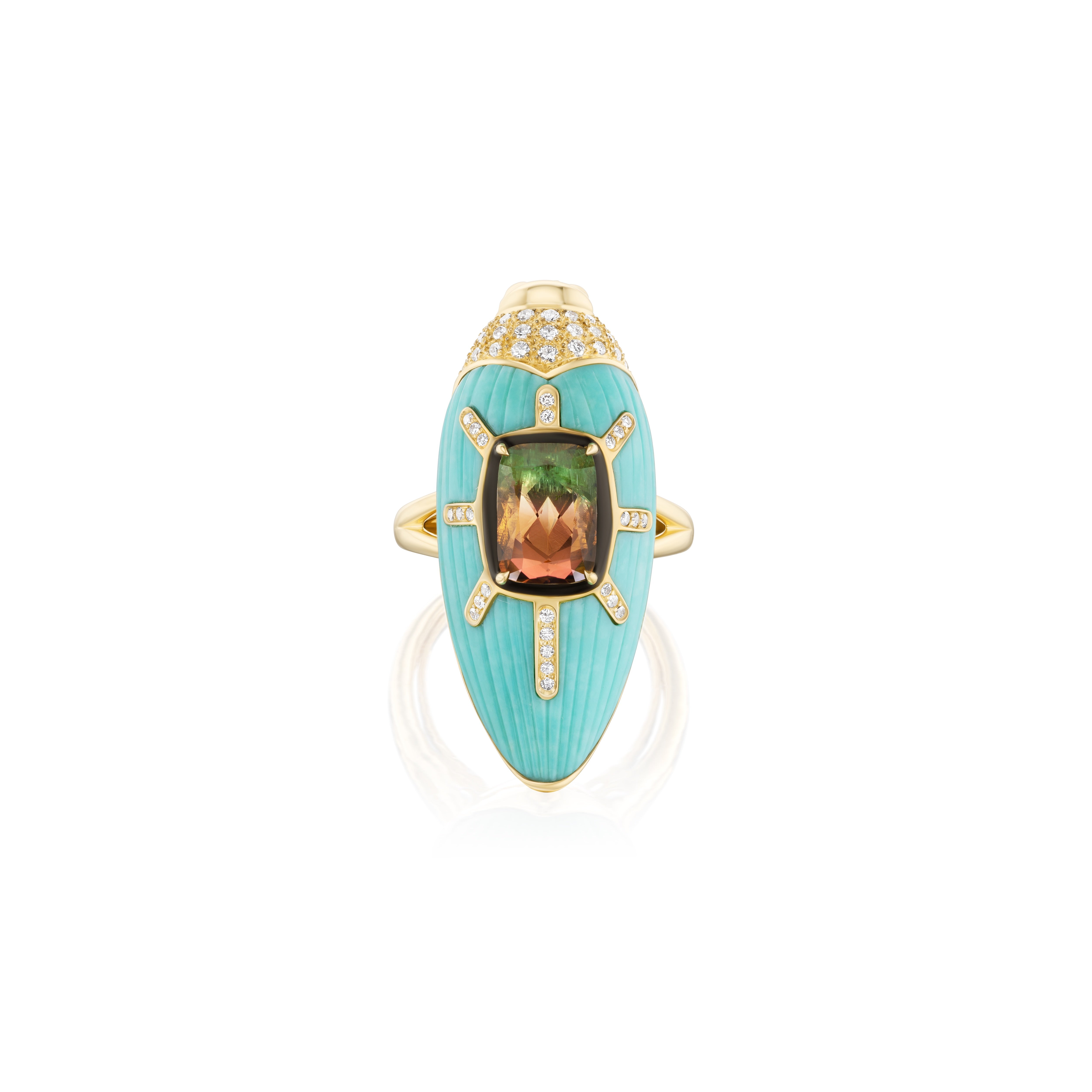 18k yellow gold diamond carved turquoise scarab ring with watermelon tourmaline bi colored pink green statement ring by Bibi van der Velden Tiny Gods 