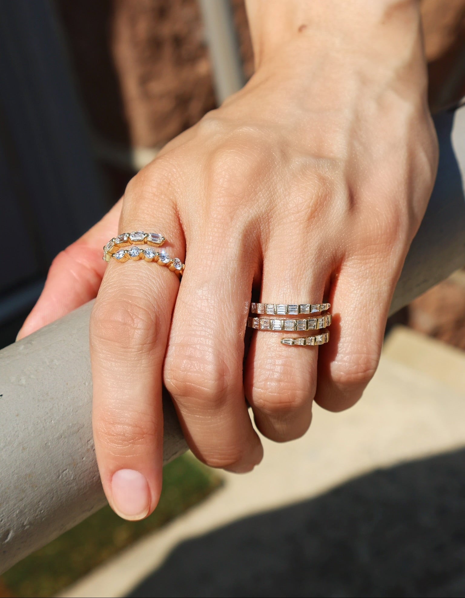 18k yellow gold emerald cut and round diamond bypass gap style wrap ring Tiny Gods 