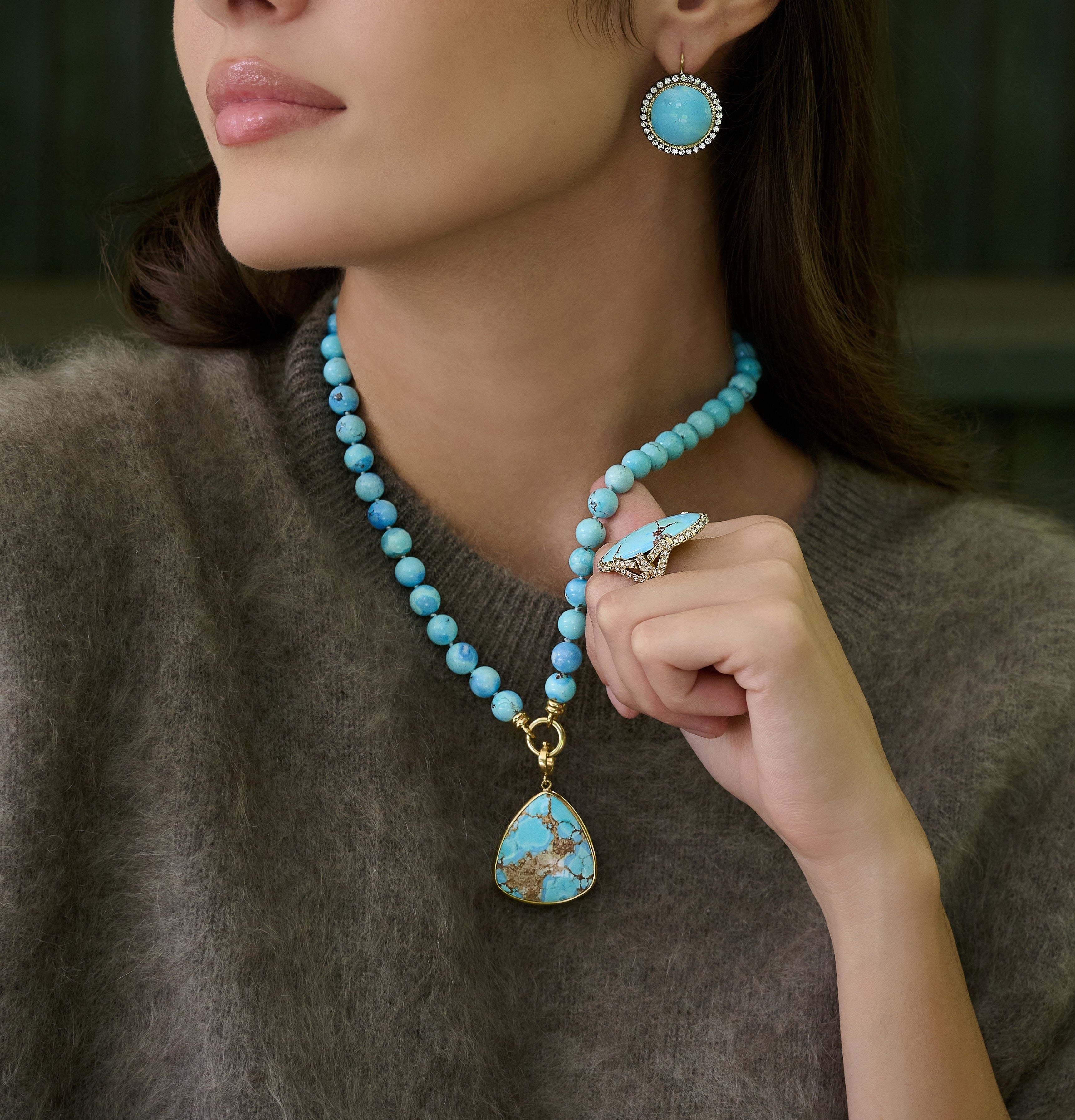 18k yellow gold trillion shaped Kazakhstan lavender turquoise pendant Tiny Gods bezel set on model styled