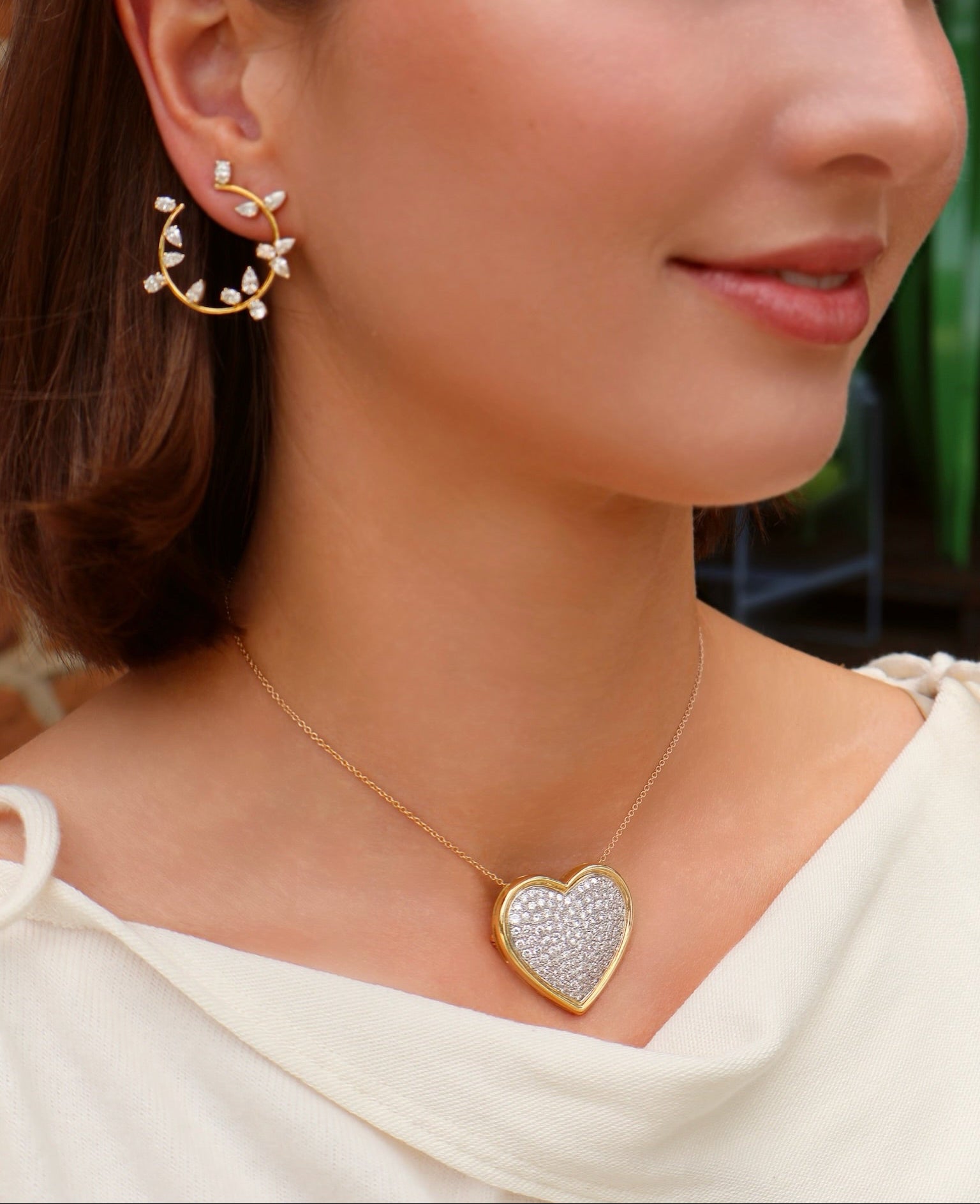 tiny gods pave diamond puff heart pendant necklace Italian yellow gold 