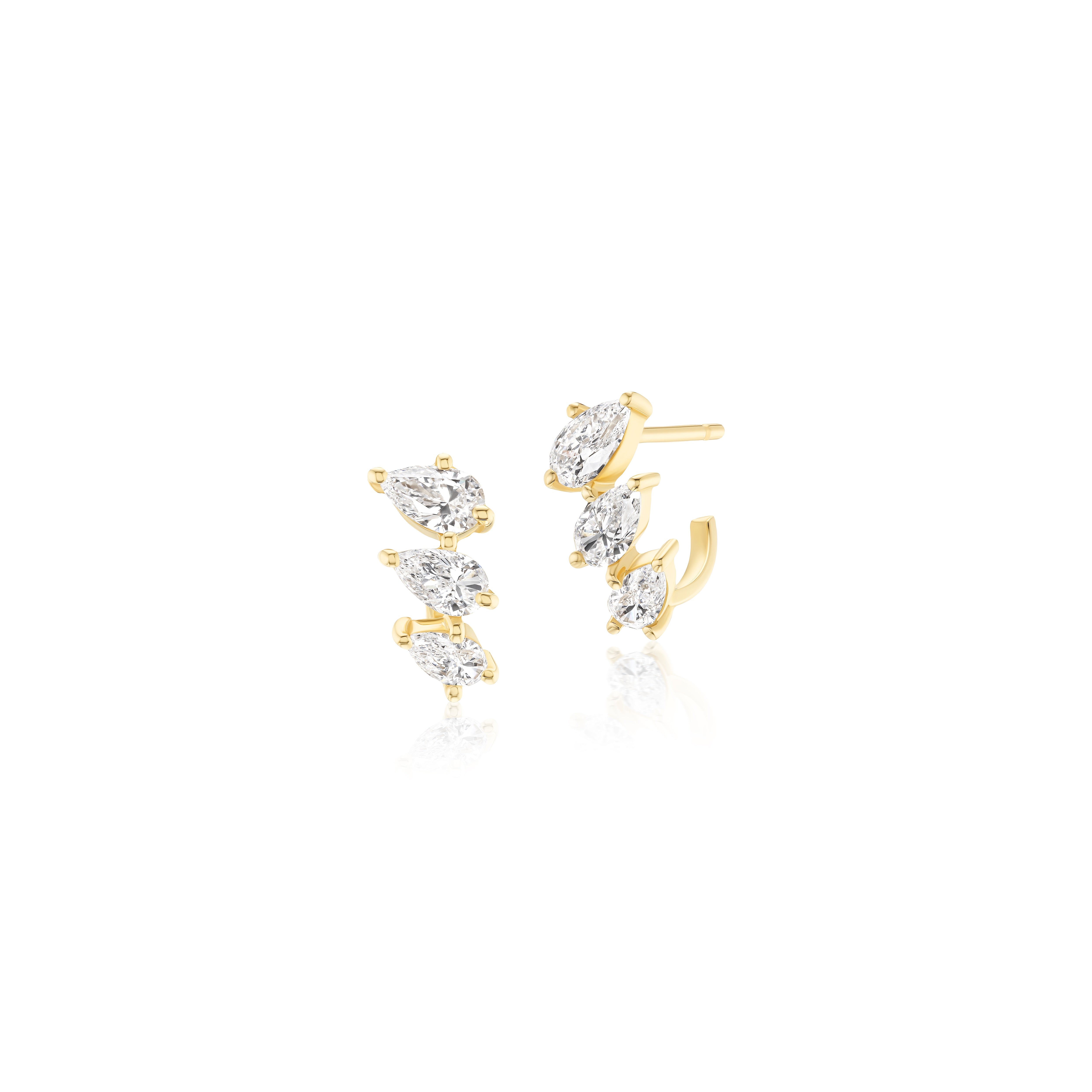 18k yellow gold triple pear diamond curved stud stacked earring by Tiny Gods 
