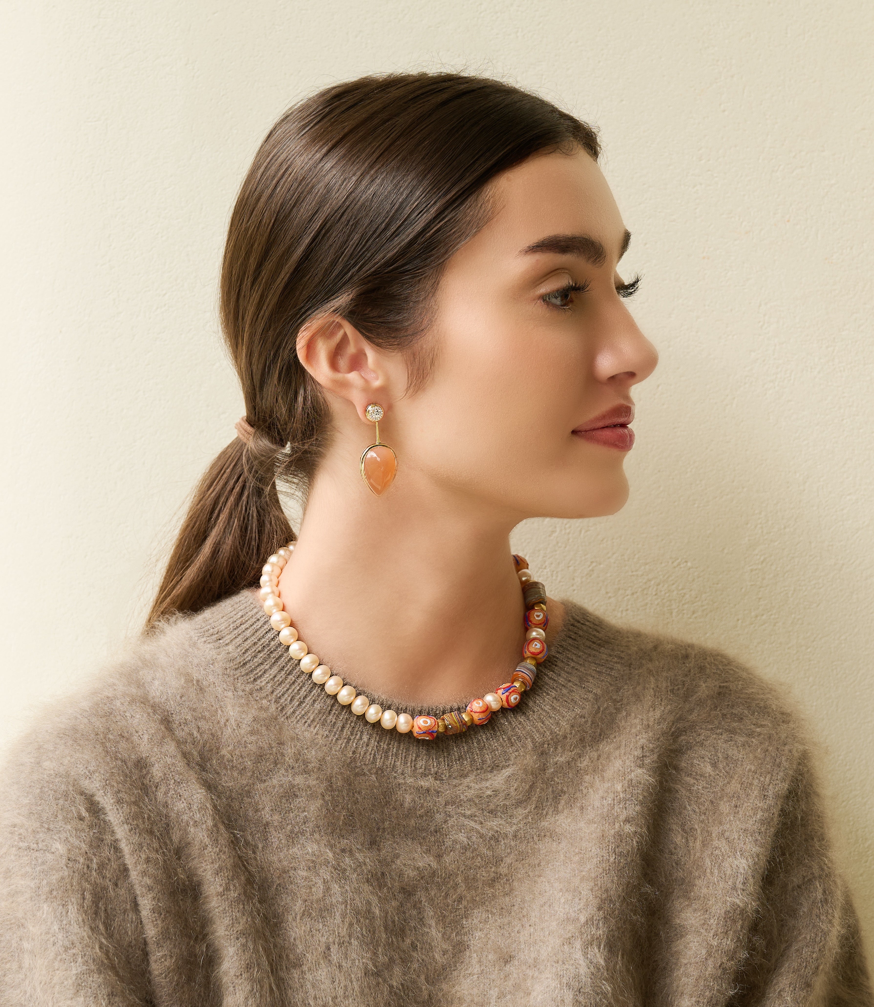 18k yellow gold and freshwater pearl choker necklace with gold beads and Murano orange tie dye beads by Sylva & Cie Tiny Gods on model