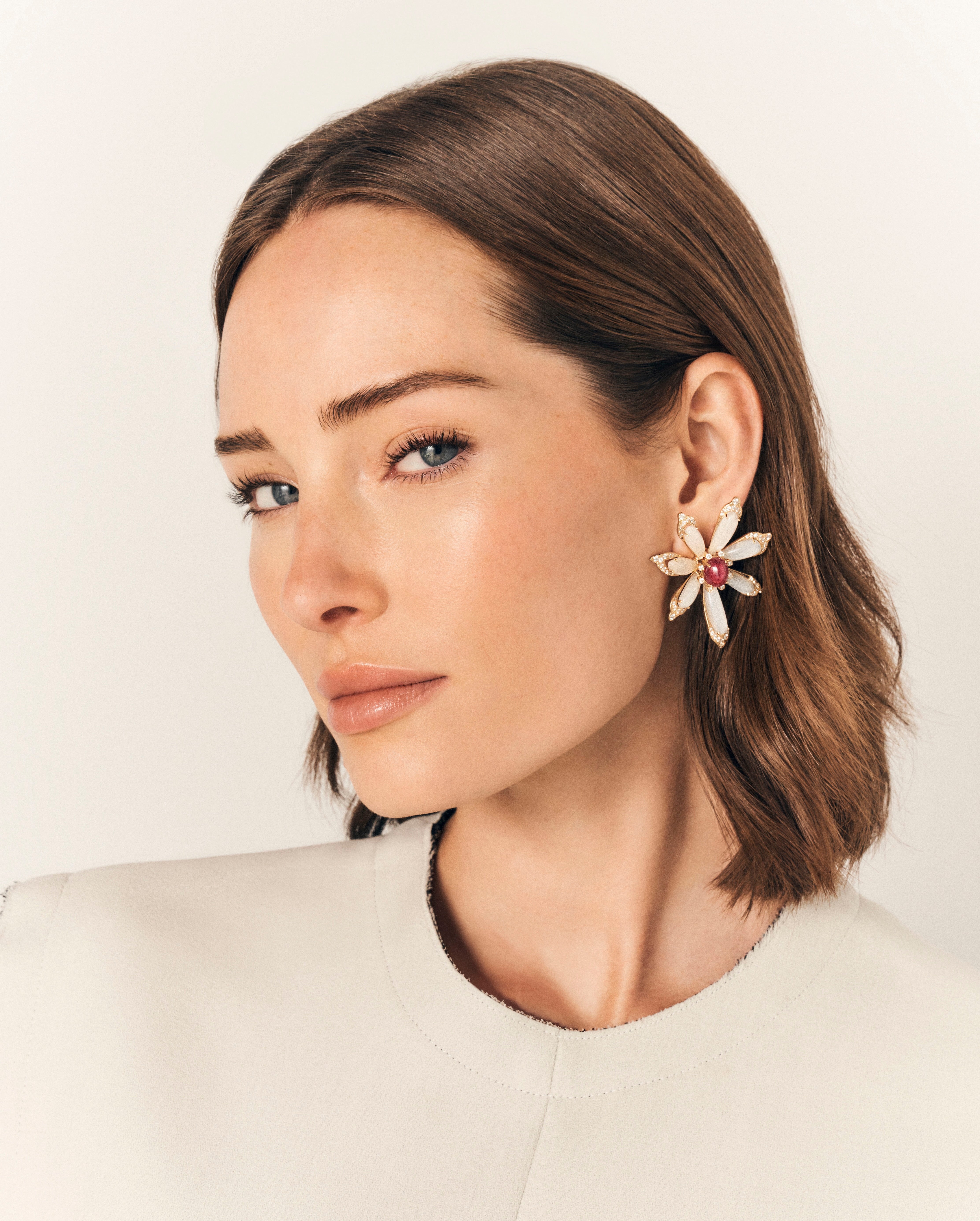 Moonstone, Diamond & Ruby Flower Earrings