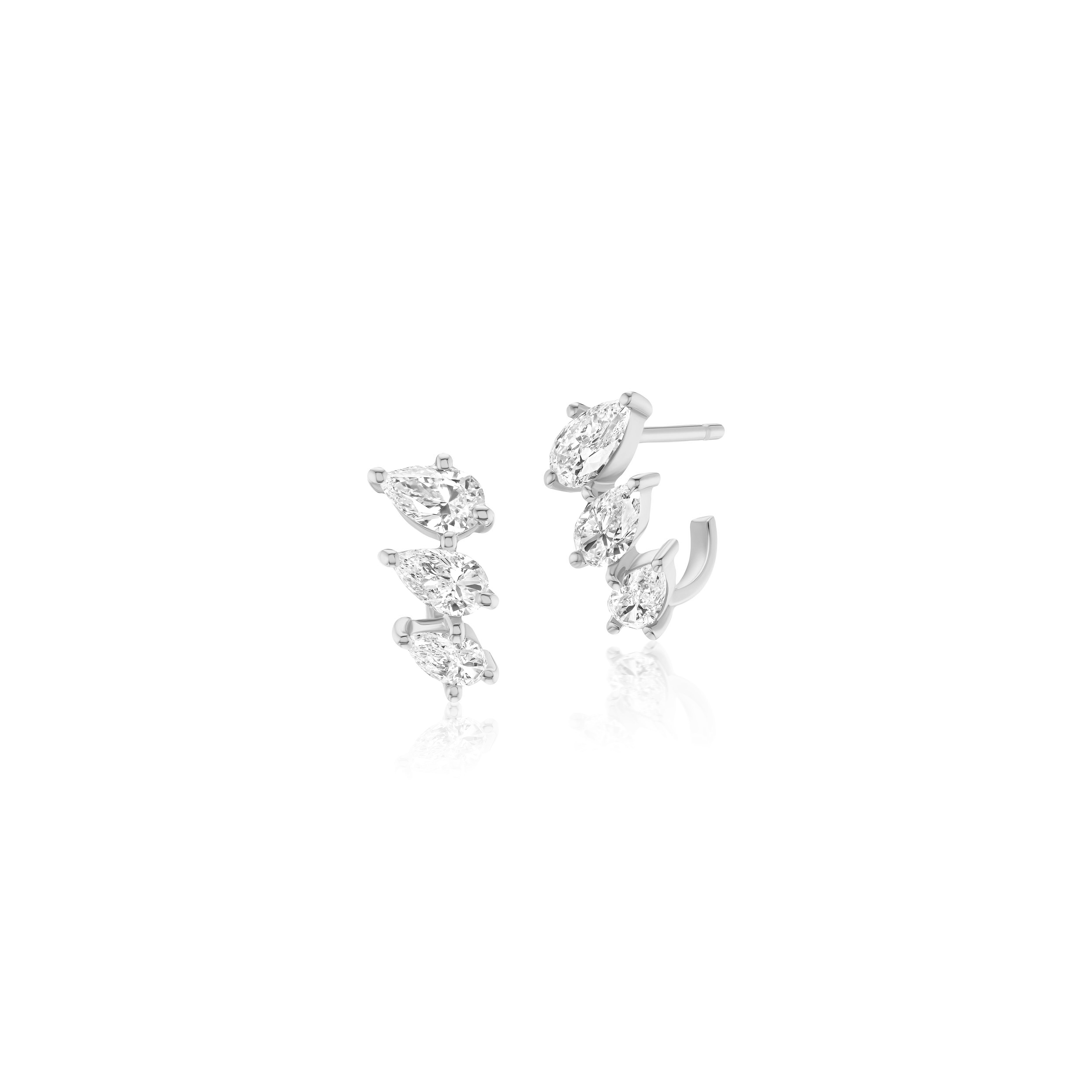 14k white gold triple pear diamond axis hoop stud earrings by Tiny Gods 