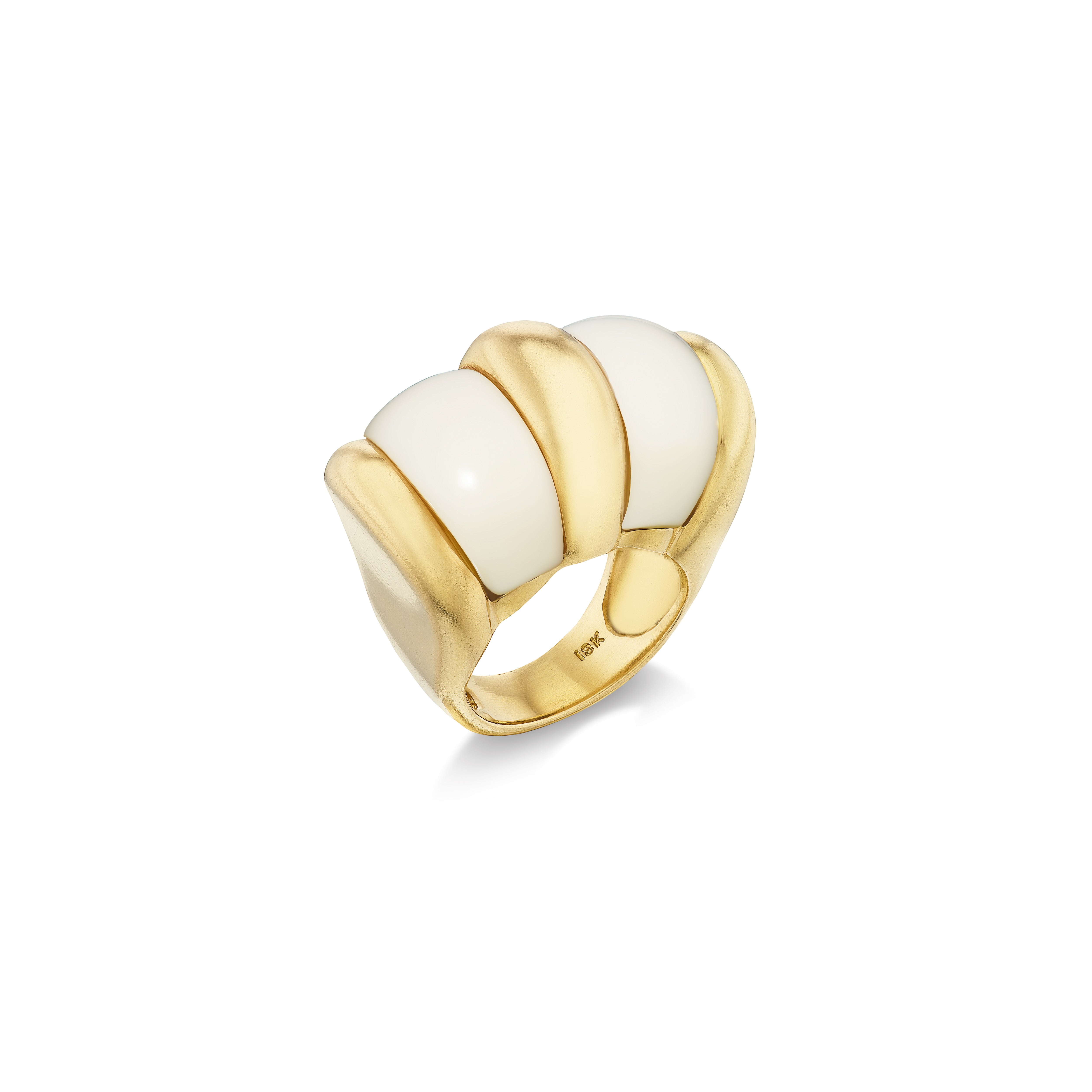 18k yellow gold Henry Dunay vintage 1970's white angel skin coral dome claw ring Tiny Gods 