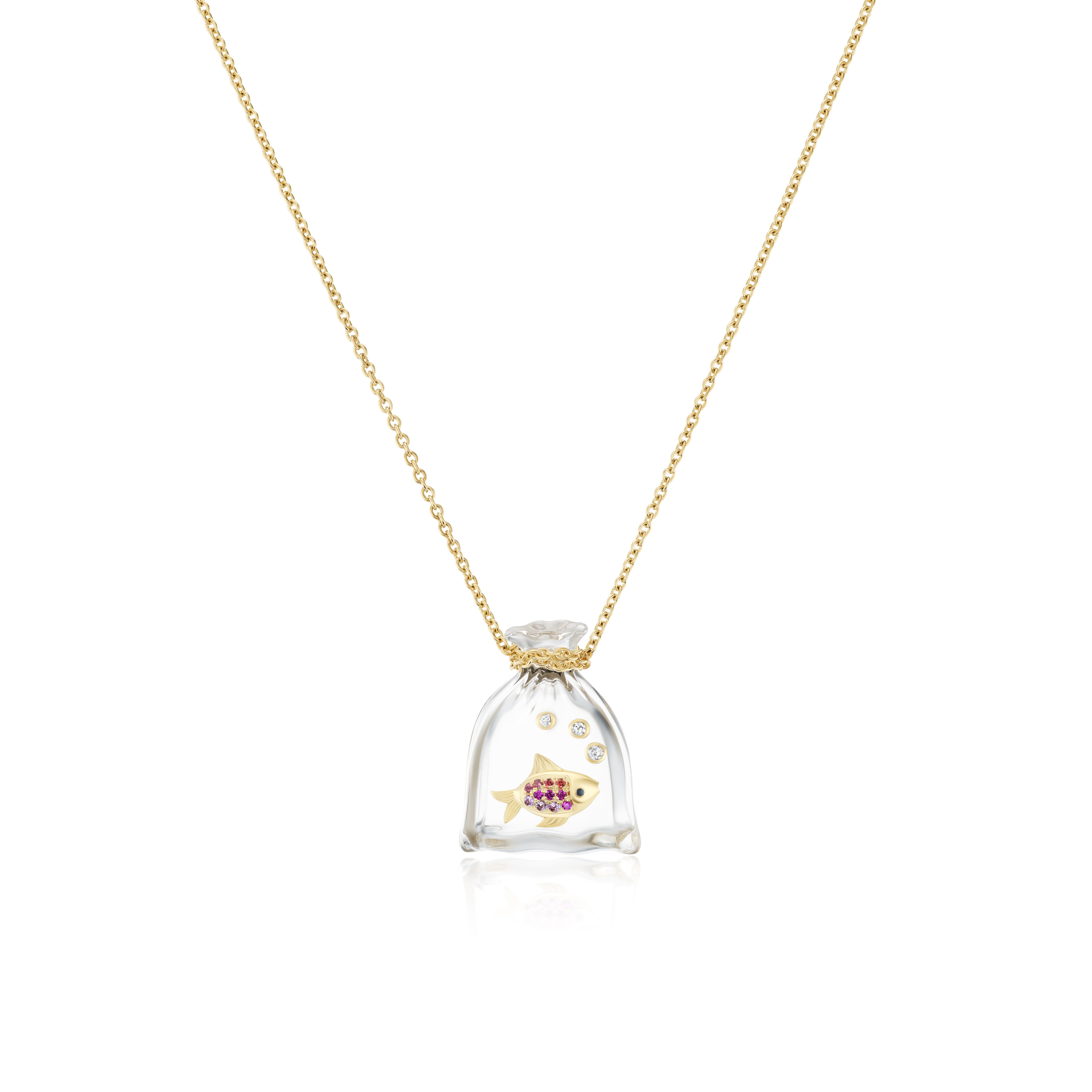 9k yellow gold pink sapphire fish in a crystal carved bag pendant necklace by Yvonne Leon Tiny Gods 