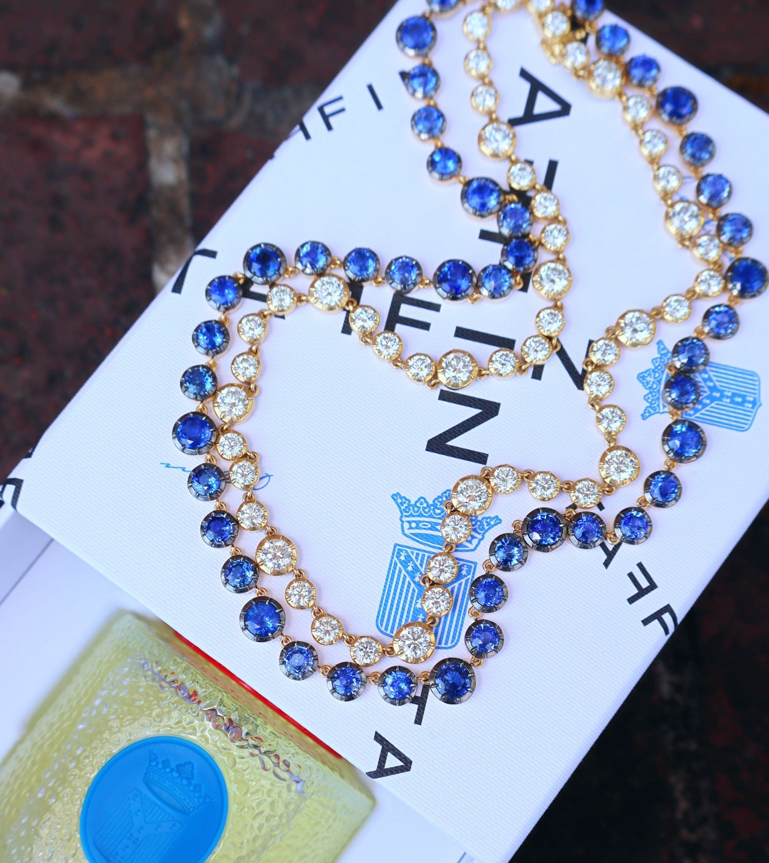 18k yellow gold multi size round blue sapphires Georgian setting black rhodium antique plating riviere necklace by Tiny Gods 