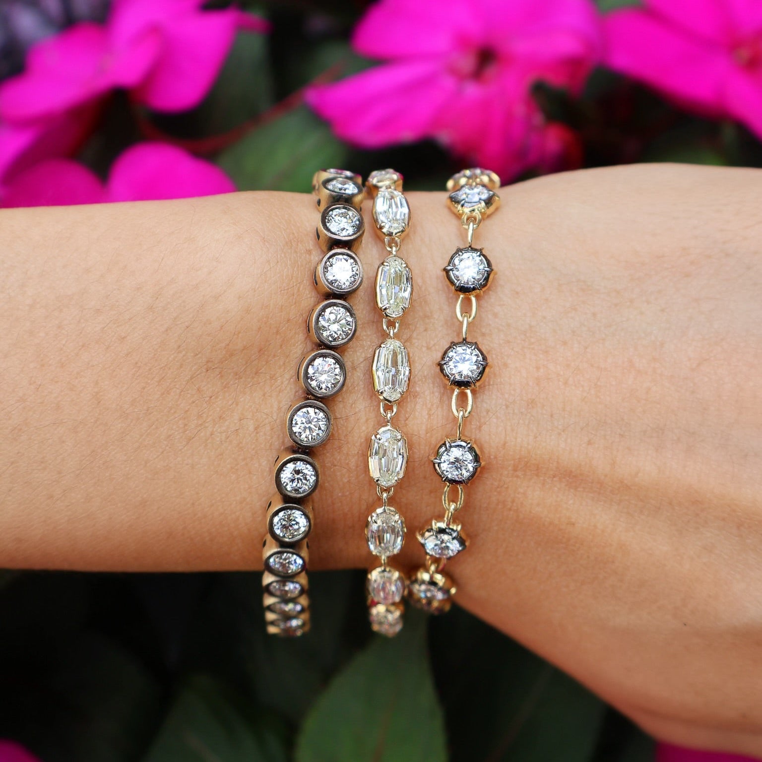 18k yellow gold black rhodium bezel set tennis bracelet by Tiny Gods 