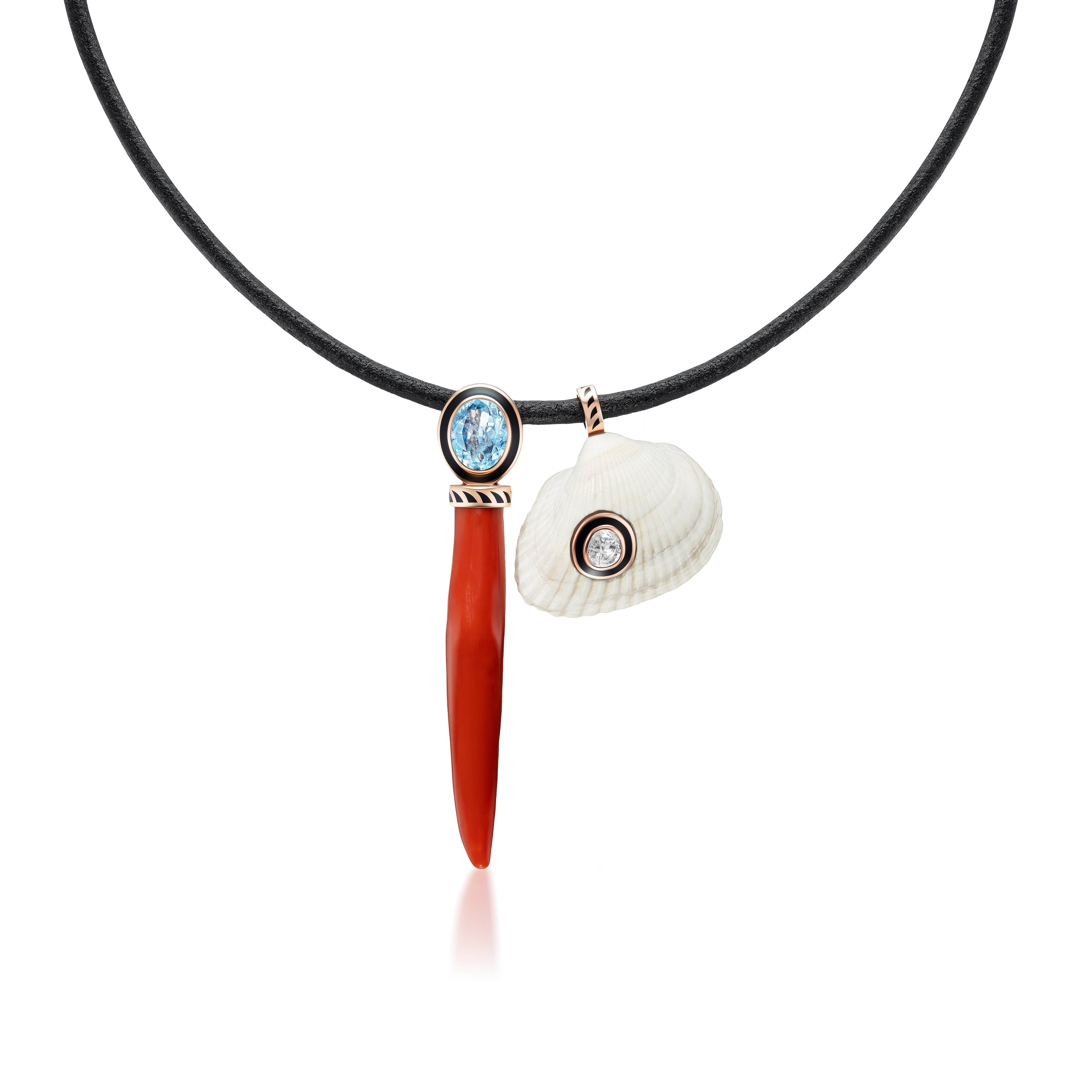 18KR gold Aquamarine & Coral, Edul Shell & Diamond Dezso Necklace charm shell pendants at tiny gods on leather cord