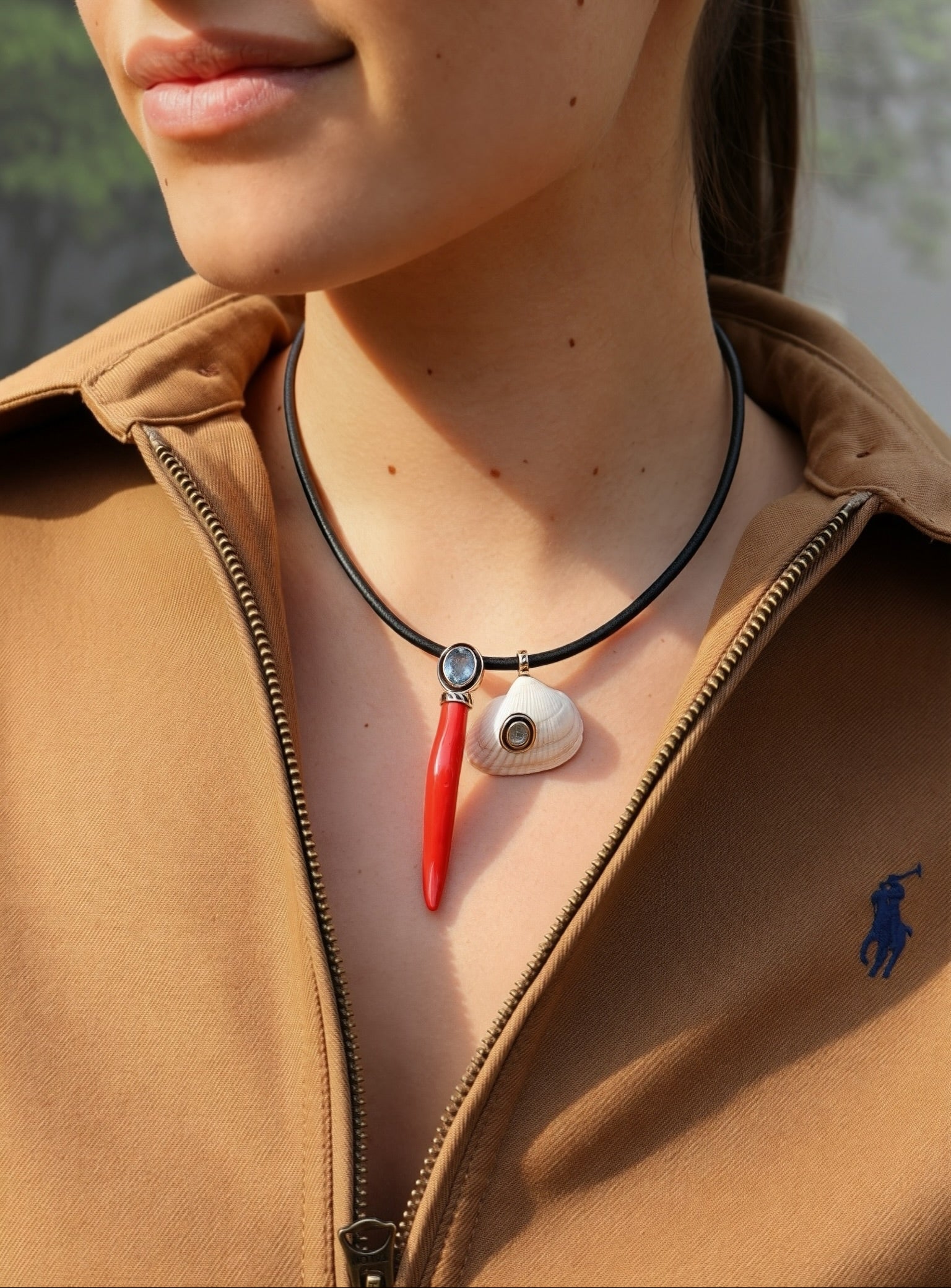 18KR gold Aquamarine & Coral, Edul Shell & Diamond Dezso Necklace charm shell pendants at tiny gods on leather cord