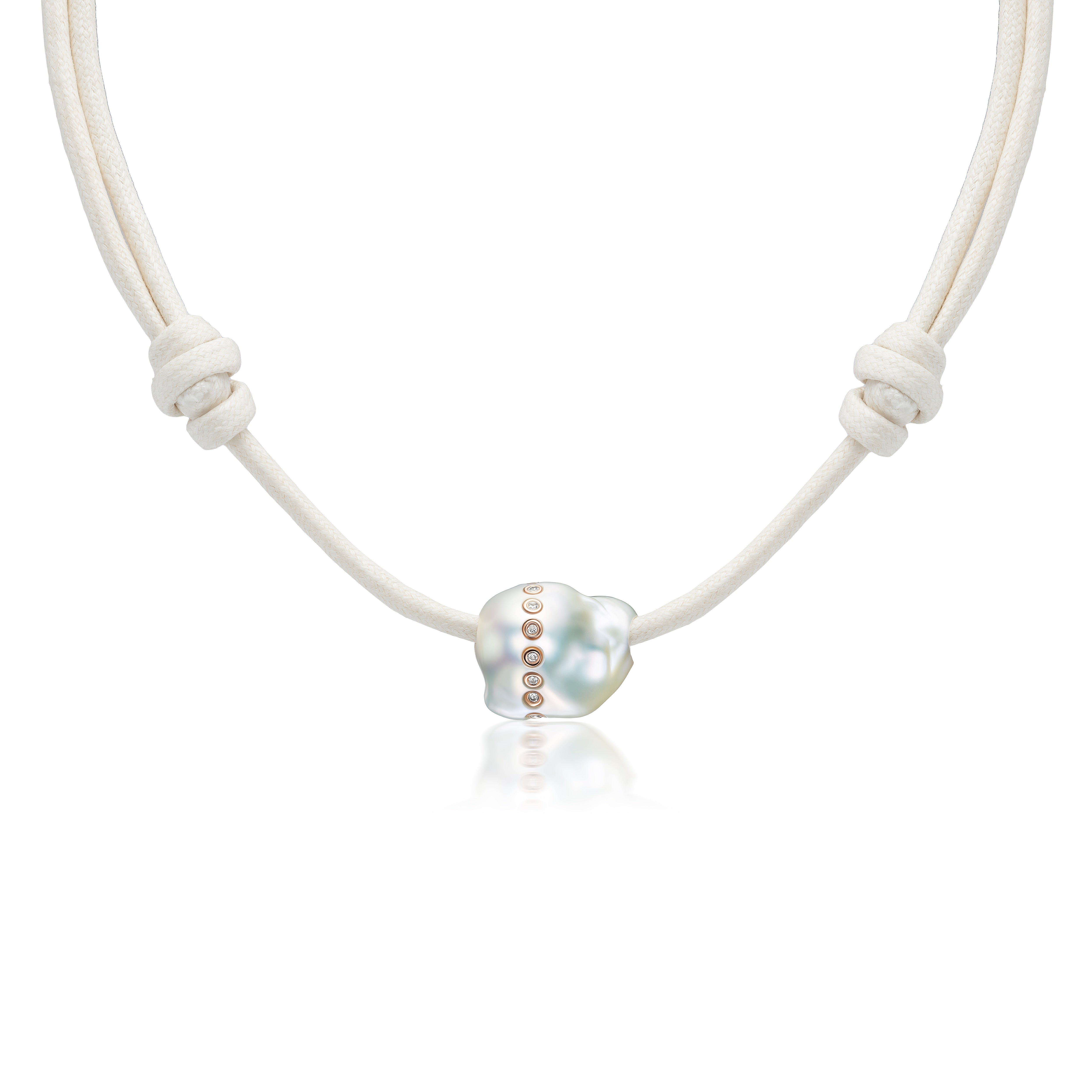 18k diamond rose gold pearl charm pendant necklace on paracord by Dezso Tiny Gods 