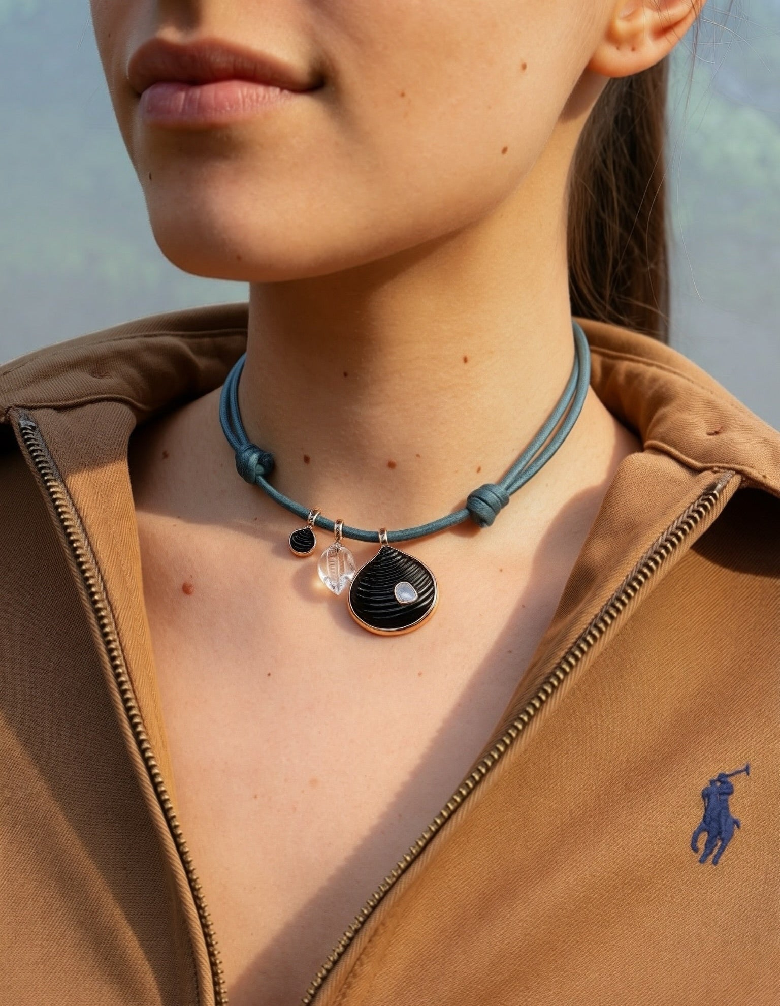 18k rose gold triple three charmed styled paracord necklace with large diamond venus shell, crystal cowry and petite venus shell pendant by Dezso Tiny Gods 