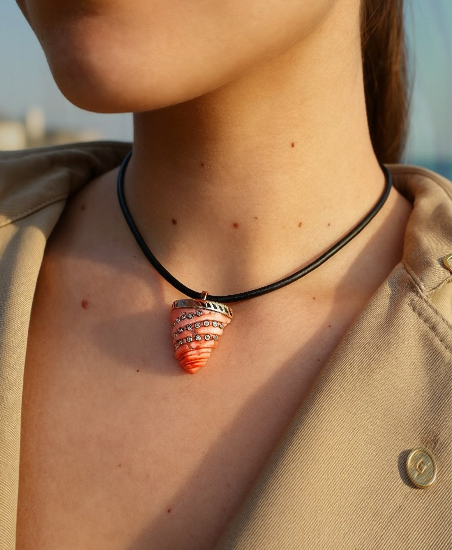 18k rose gold carved diamond coral shark tooth pendant necklace on paracord by Dezso Tiny Gods 