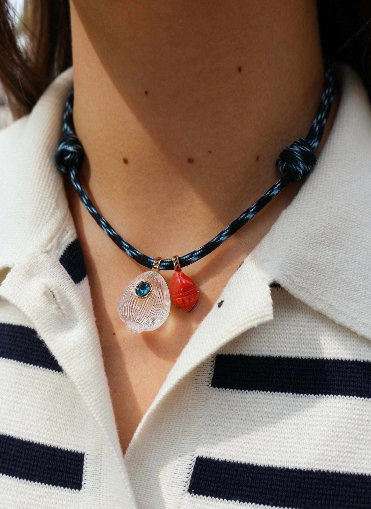 18k rose gold crystal coquet shell and carved coral pendant styled necklace by Dezso Tiny Gods 