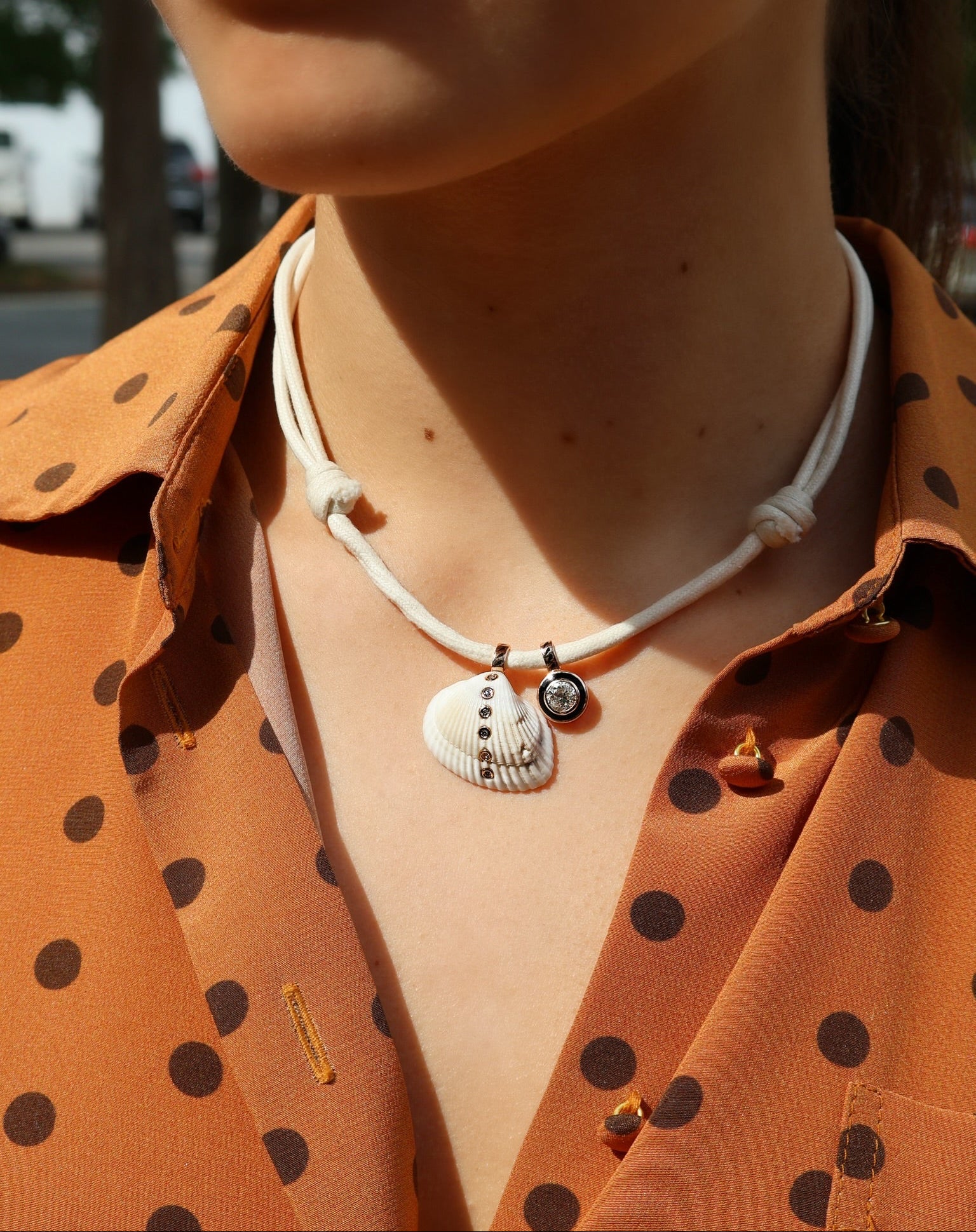 18k rose gold diamond white shell and diamond black enamel round pendant styled necklace by Dezso Tiny Gods 