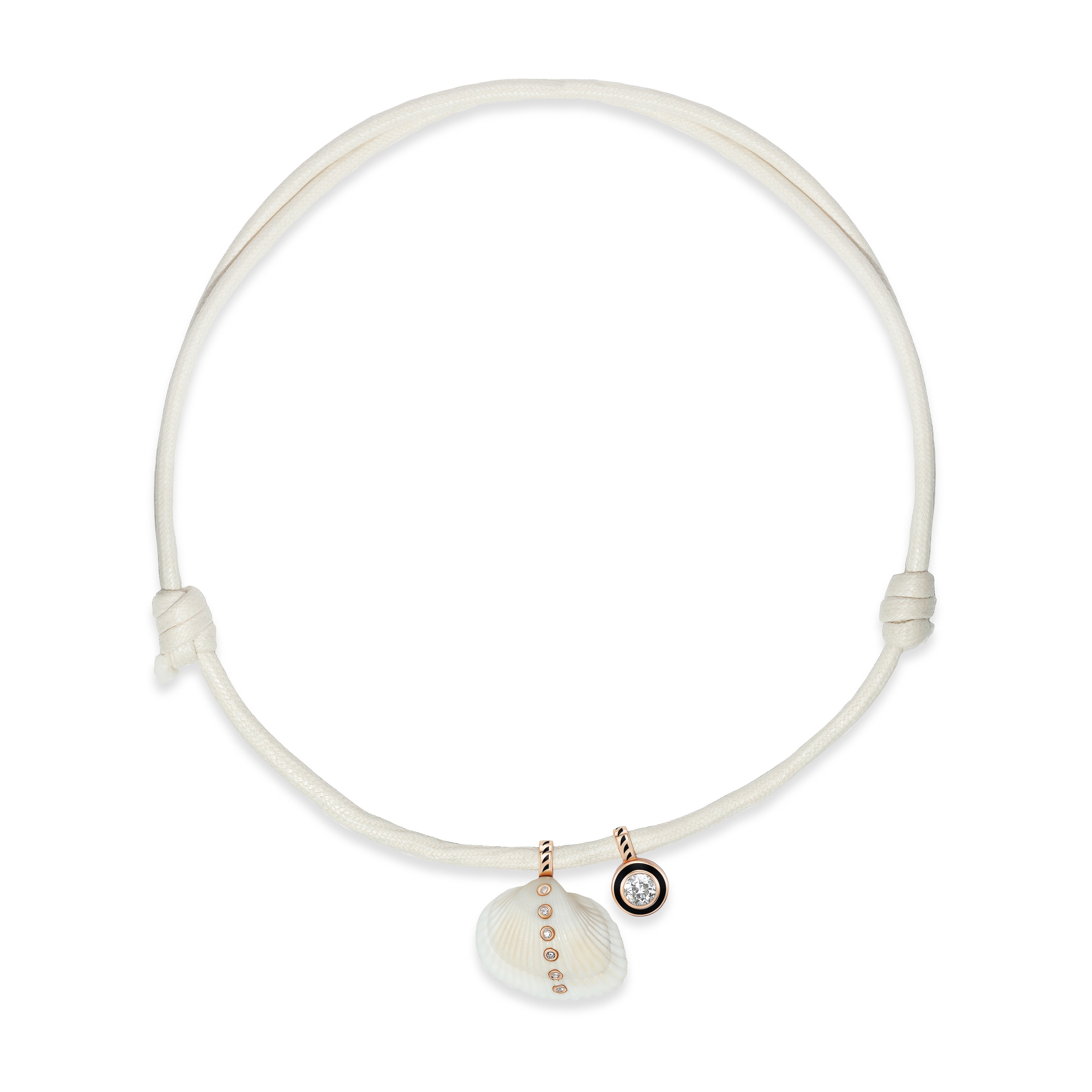 18k rose gold diamond white shell and diamond black enamel round pendant styled necklace by Dezso Tiny Gods 