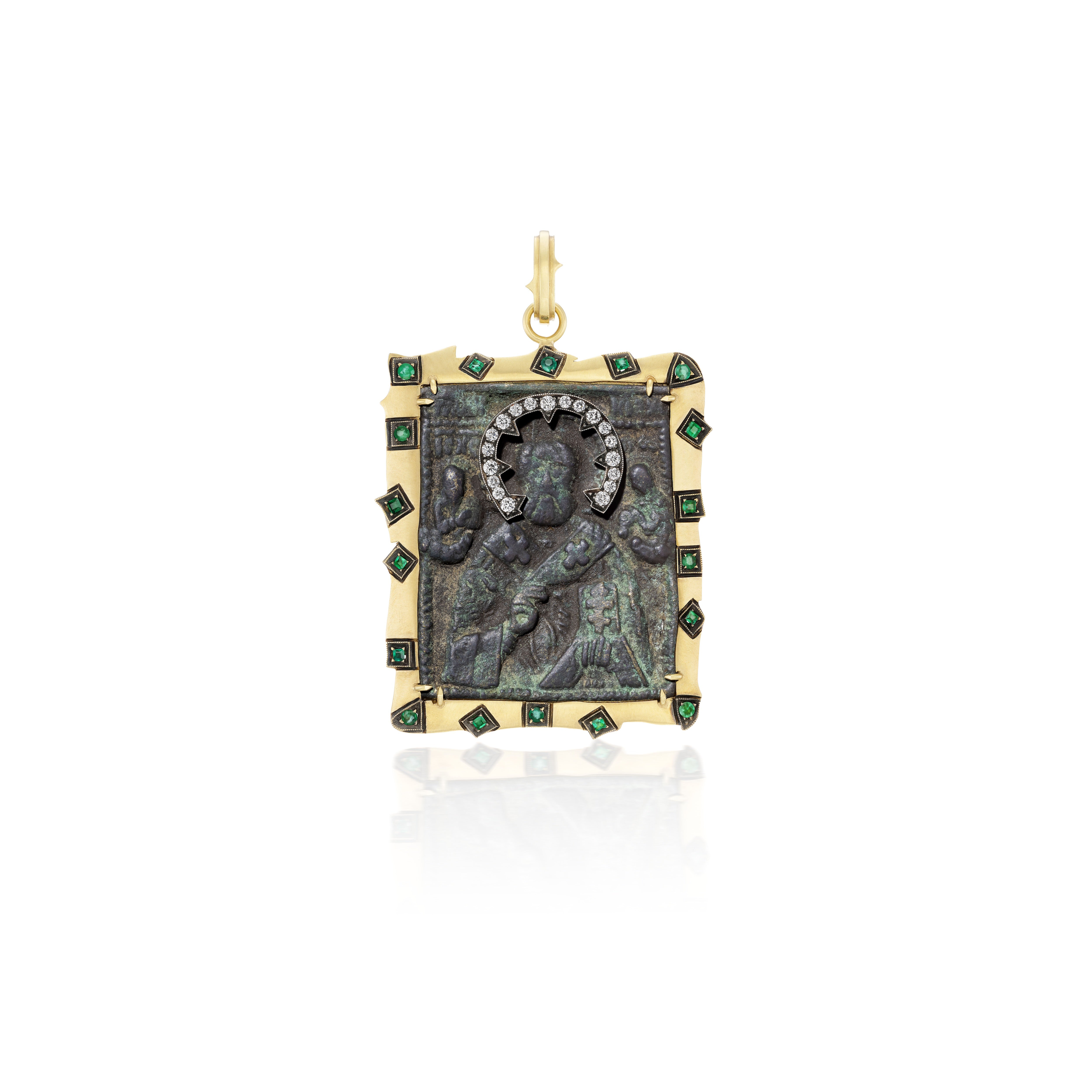 18k yellow and white gold st Nicholas 1800's icon pendant made by Sylva & Cie with diamonds and emerald Frame Tiny Gods 