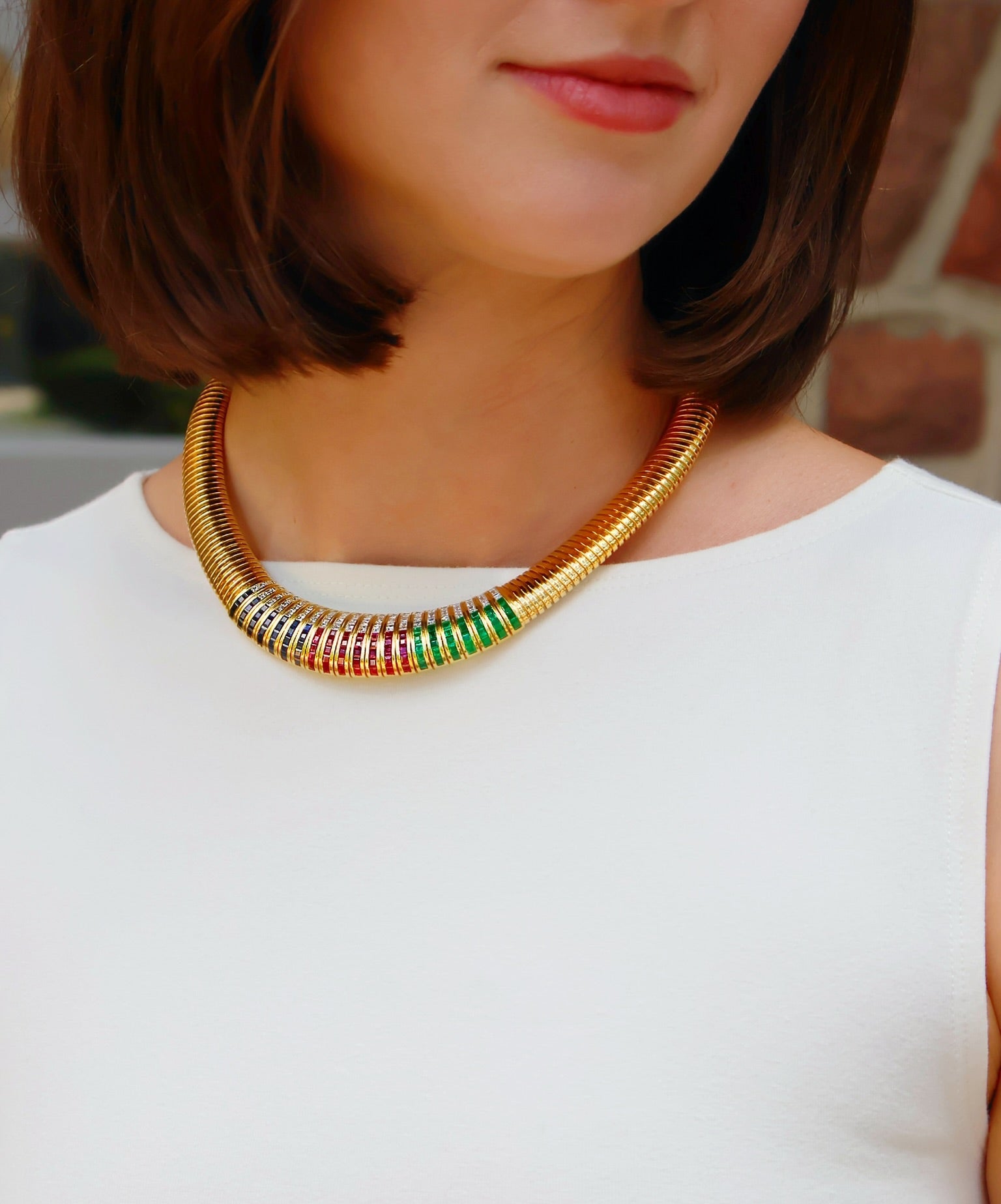 18k yellow gold vintage 1970's Italian made graduated tubogas choker collar necklace with carre cut diamonds, blue sapphires, rubies and emeralds Tiny Gods 