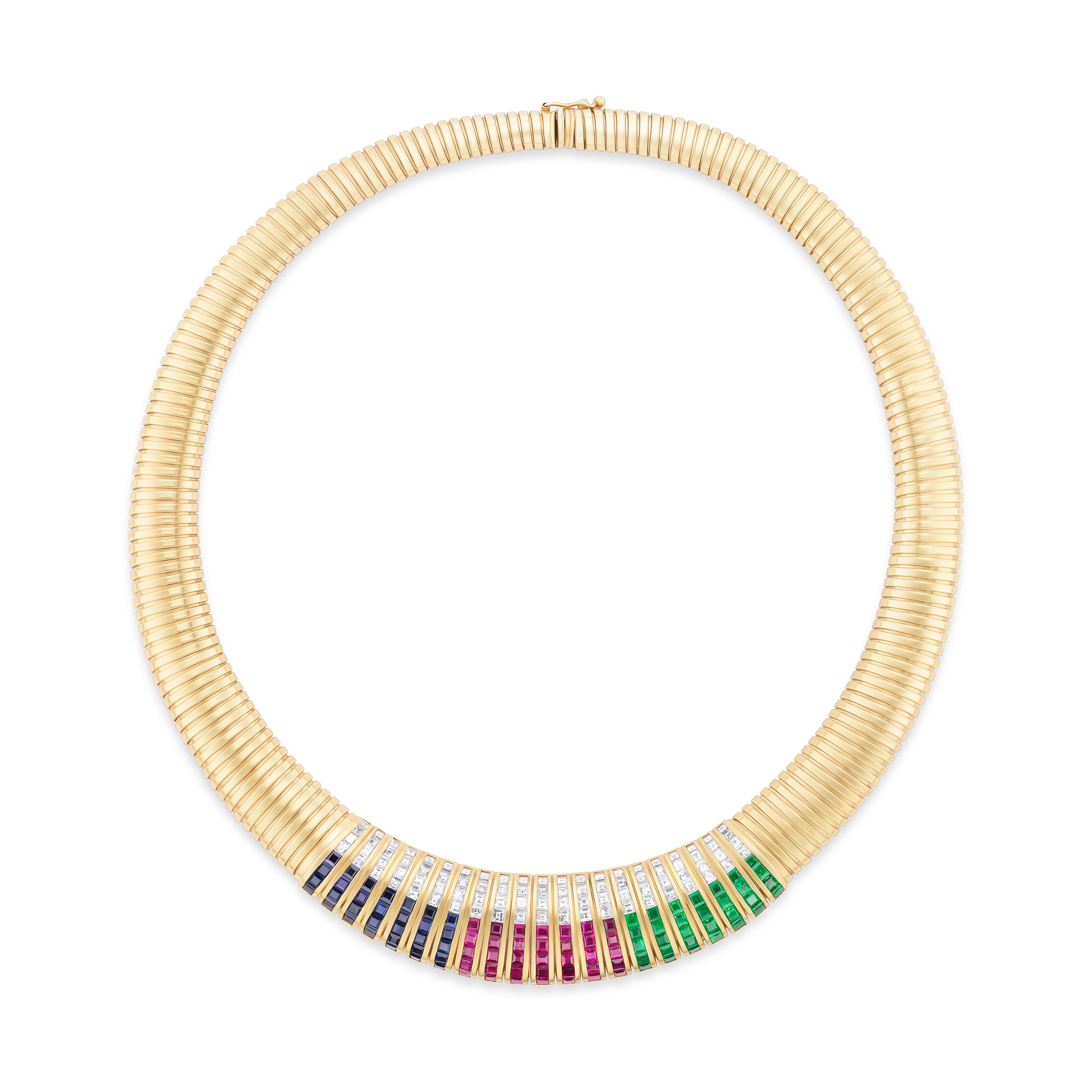18k yellow gold vintage 1970's Italian made graduated tubogas choker collar necklace with carre cut diamonds, blue sapphires, rubies and emeralds Tiny Gods 