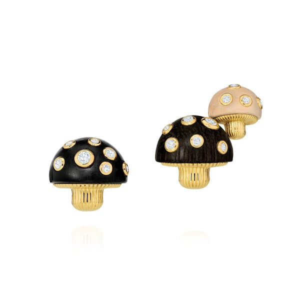 18k yellow gold carved wood toadstool mushroom earrings with diamonds by Sauer Tiny Gods