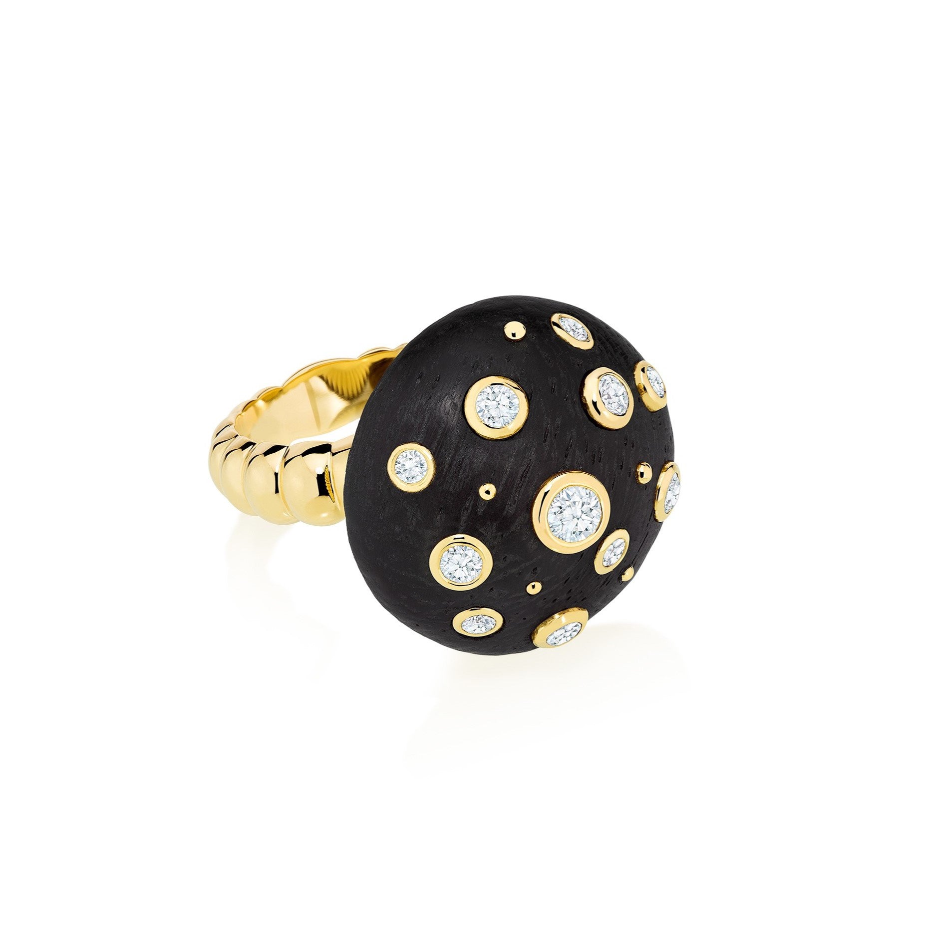 18k yellow gold carved wood toadstool mushroom ring with diamonds by Sauer Tiny Gods