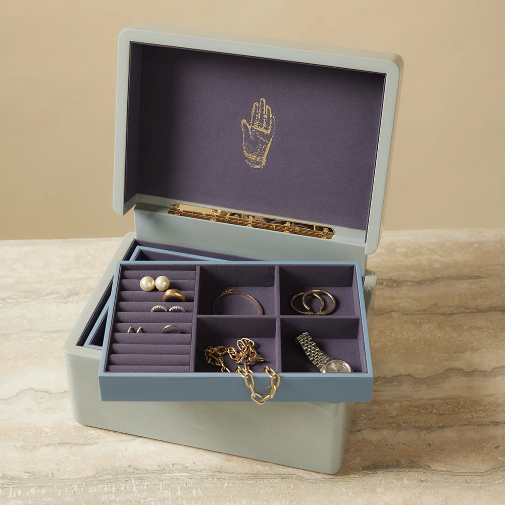 Evening blue large trunk jewelry box suede interior. two trays, separator by Trove Tiny Gods