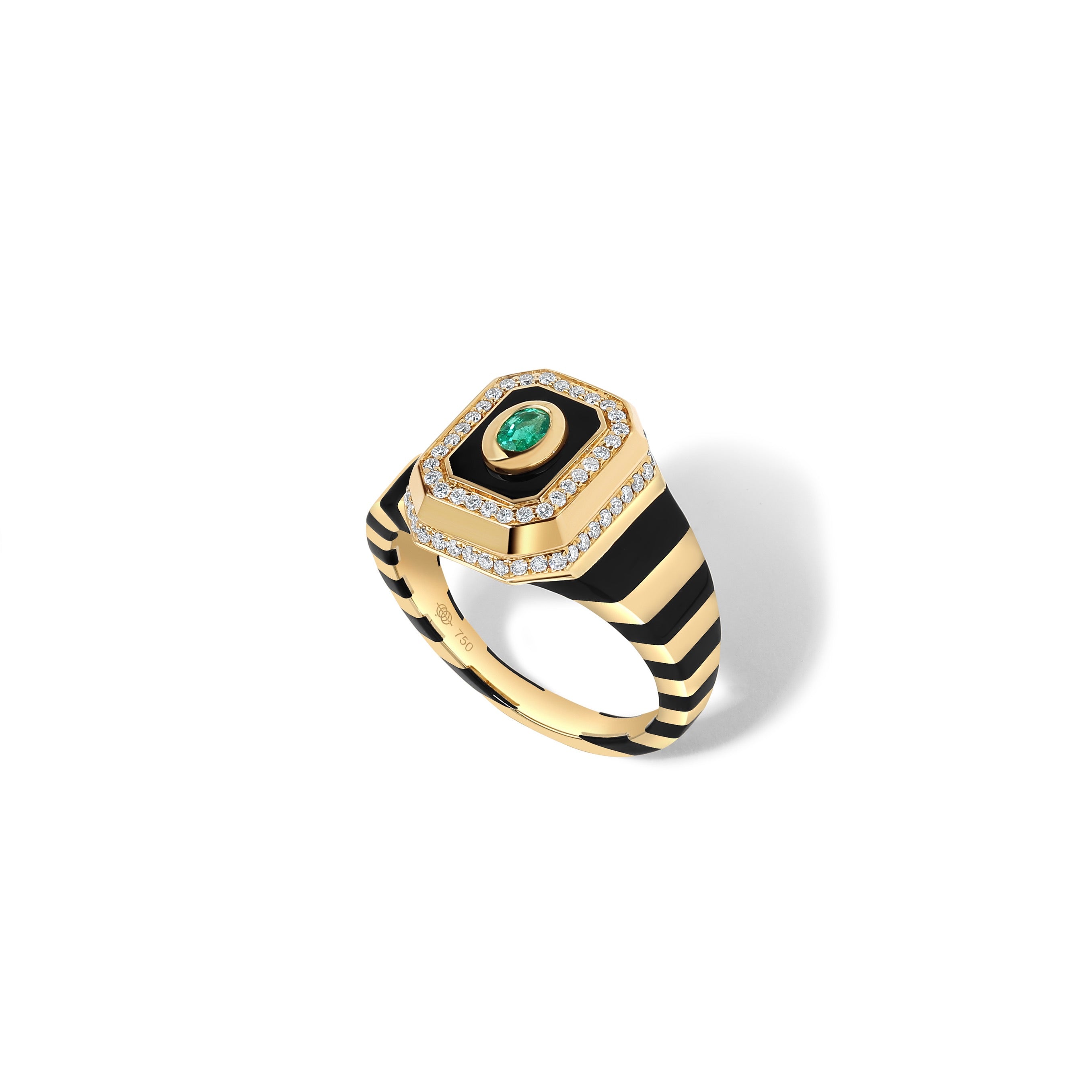 18k yellow gold Tsang enchantress signet ring with emerald and diamonds by State Property Tiny Gods