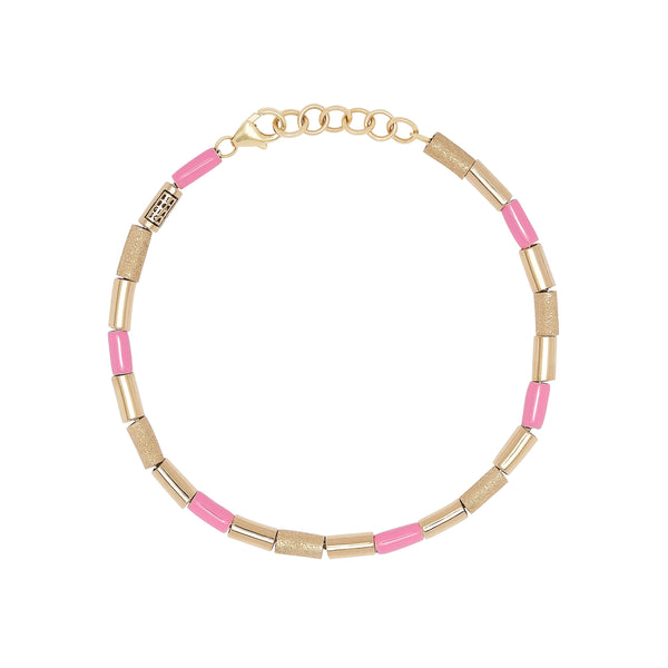9k yellow gold and silver bubblegum pink enamel tubini bracelet by Bea Bongiasca Tiny Gods