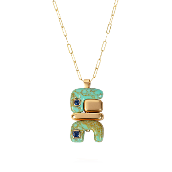 18k yellow gold fire totem with blue sapphire and turquoise by Joelle Kharrat Tiny Gods paperclip chain