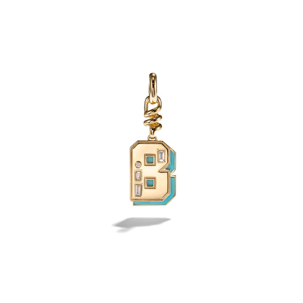 18k yellow gold turquoise inlay diamond "b" letter charm initial pendant by Boochier Tiny Gods