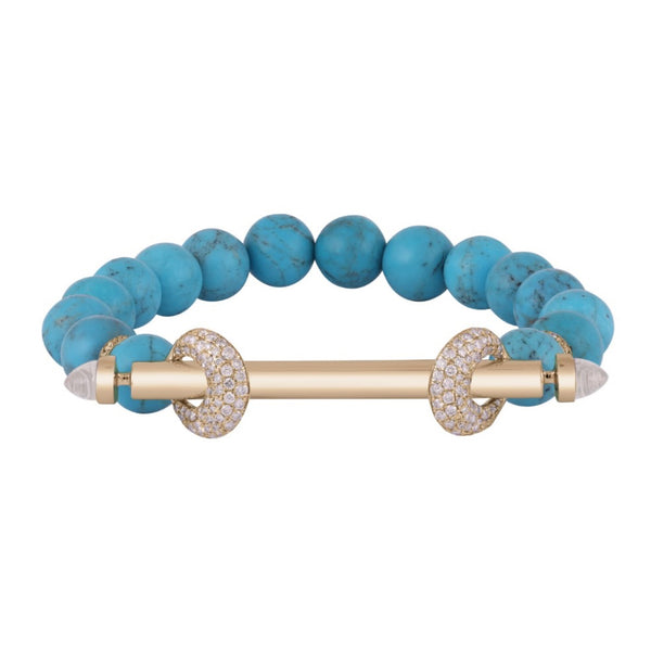 18k yellow gold turquoise and gold bar beaded chakra bracelet with diamonds by Ananya Tiny Gods