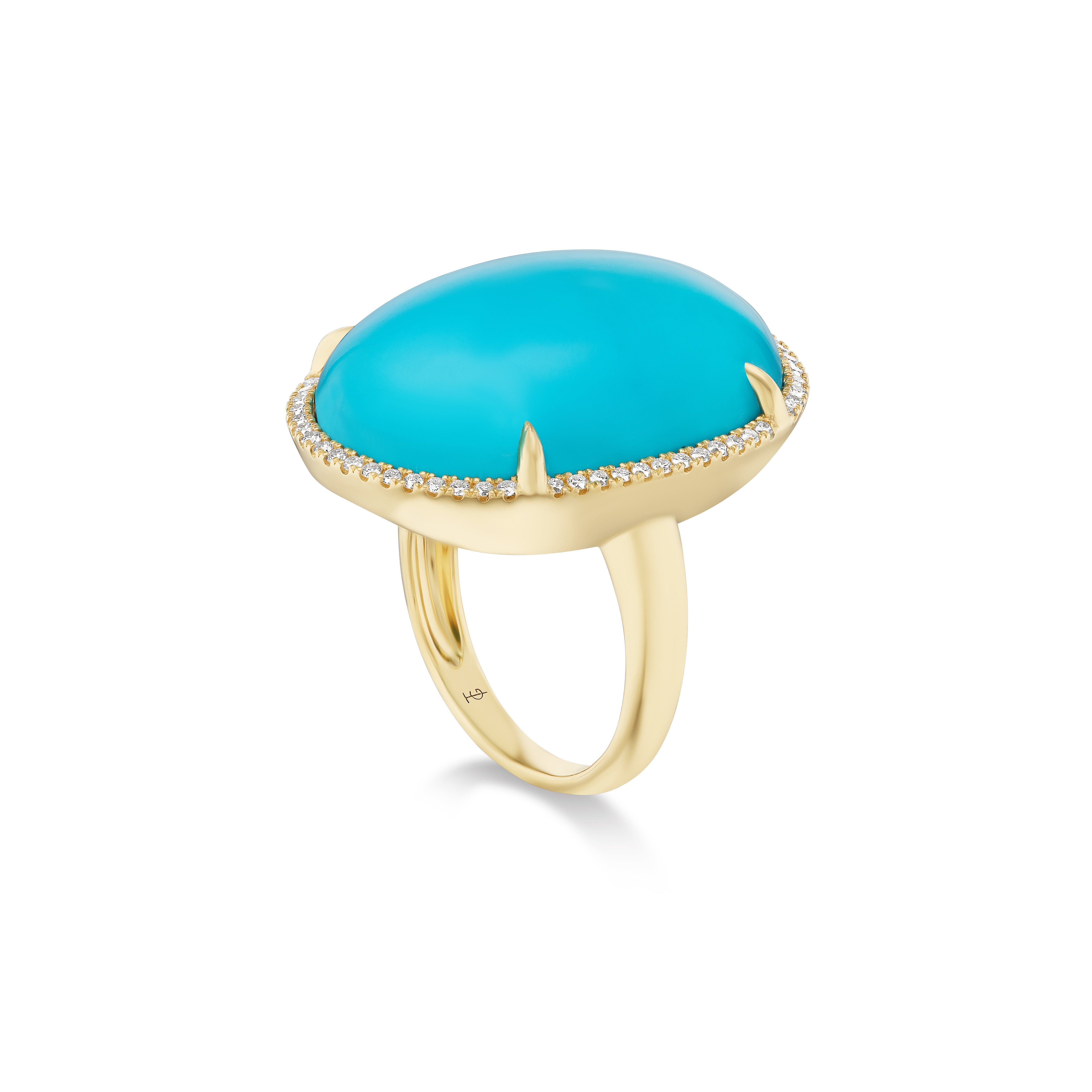 This one-of-a-kind ring features a 25 carat natural turquoise that was hand-set into an 18k yellow gold and pave-set border of white diamonds. This statement ring is part of our TG Exclusives Collection, Irene Neuwirth gumdrop gem on shank